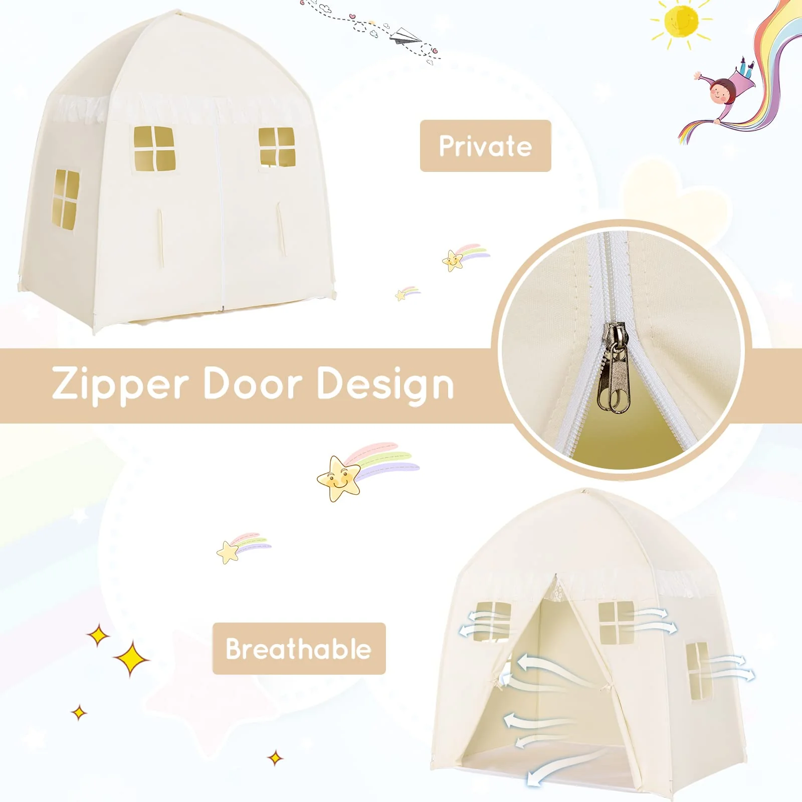 HONEY JOY Kids Play Tent with Non-Slip Mat, Large Cotton Canvas Playhouse w/ 4 Windows, Straps, Zipper, Carry Bag - Image 6