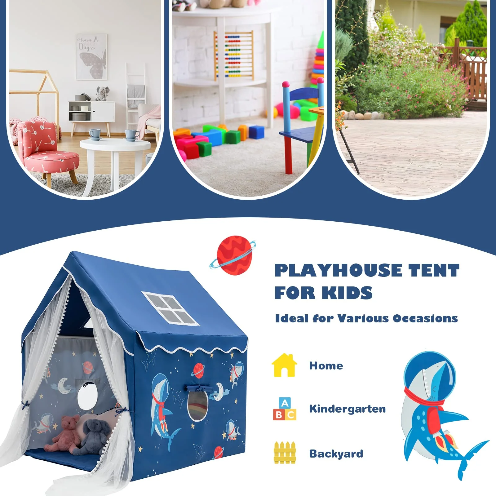 HONEY JOY Kids Playhouse with Padded Cotton Mat, Kids Play Tent for Girls Boys w/Longer Mesh Curtain - Image 4