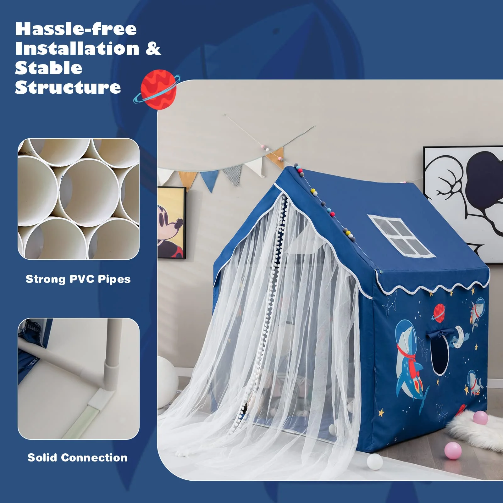 HONEY JOY Kids Playhouse with Padded Cotton Mat, Kids Play Tent for Girls Boys w/Longer Mesh Curtain - Image 5