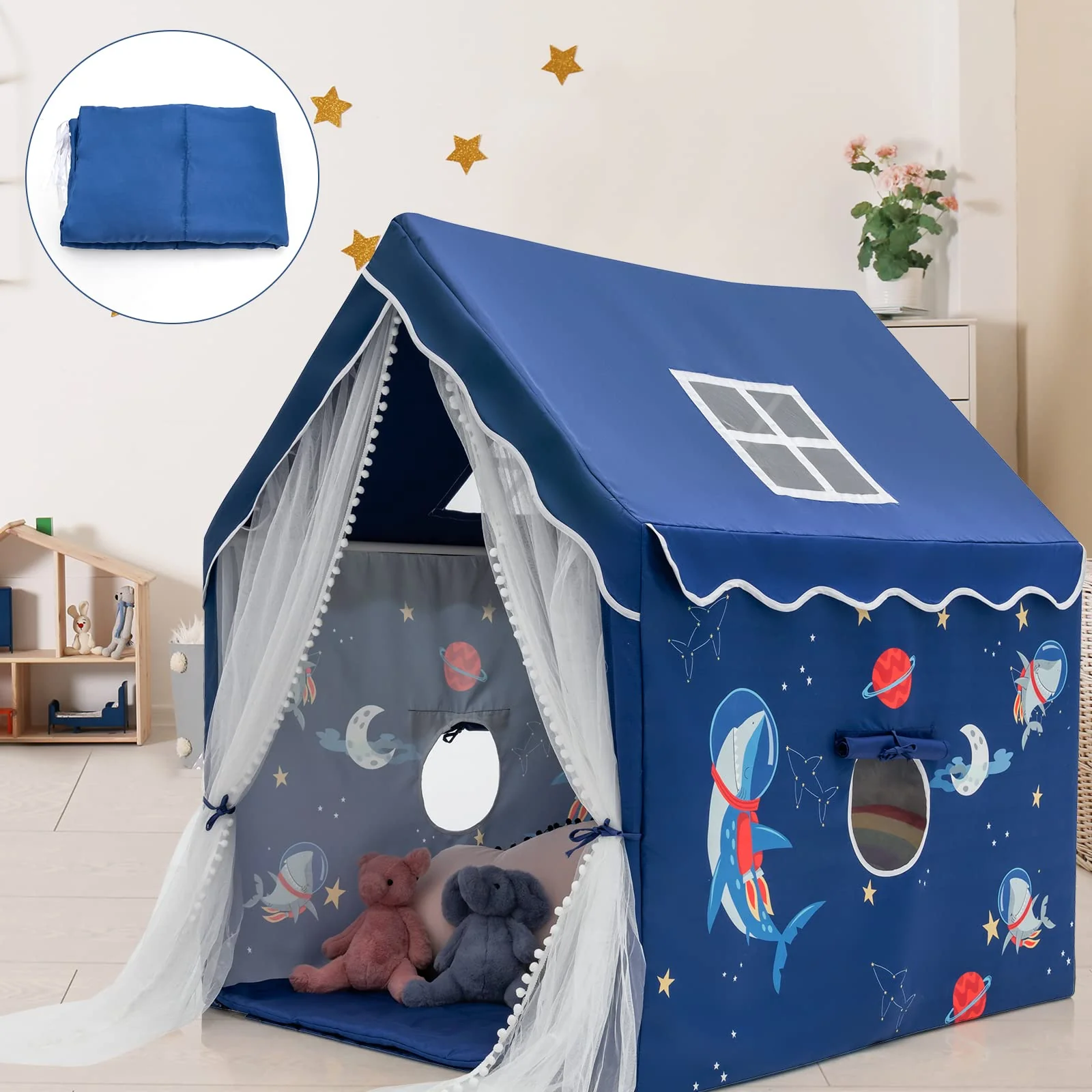 HONEY JOY Kids Playhouse with Padded Cotton Mat, Kids Play Tent for Girls Boys w/Longer Mesh Curtain - Image 7