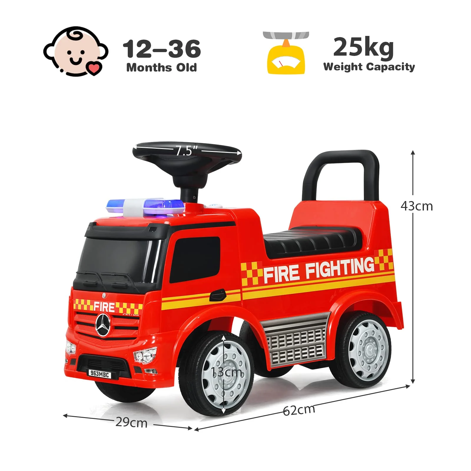HONEY JOY Kids Ride On Car, Benz Licensed Fire Engine w/Storage Space, Steering Wheel, Backrest, Red - Image 6