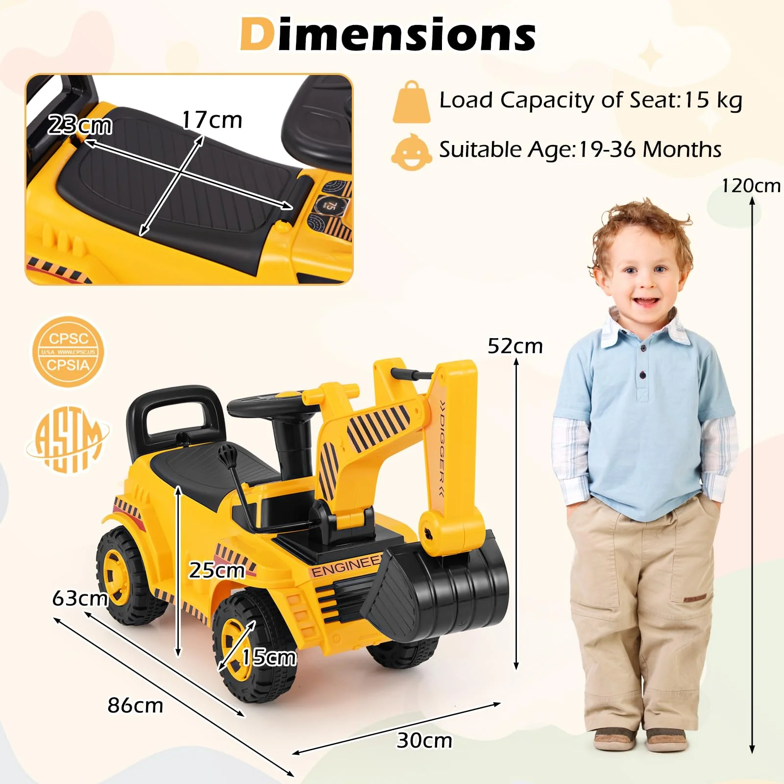HONEY JOY Kids Ride on Excavator, Bulldozer Digger Toy for 19-36 Months - Image 6