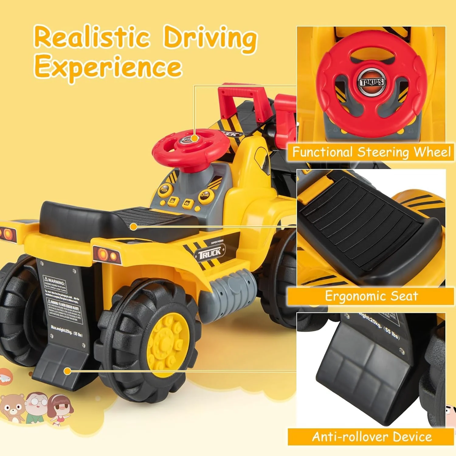 HONEY JOY Kids Ride on Excavator, Construction Digger Pulling Cart with Helmet, 3 Toy Stones - Image 3