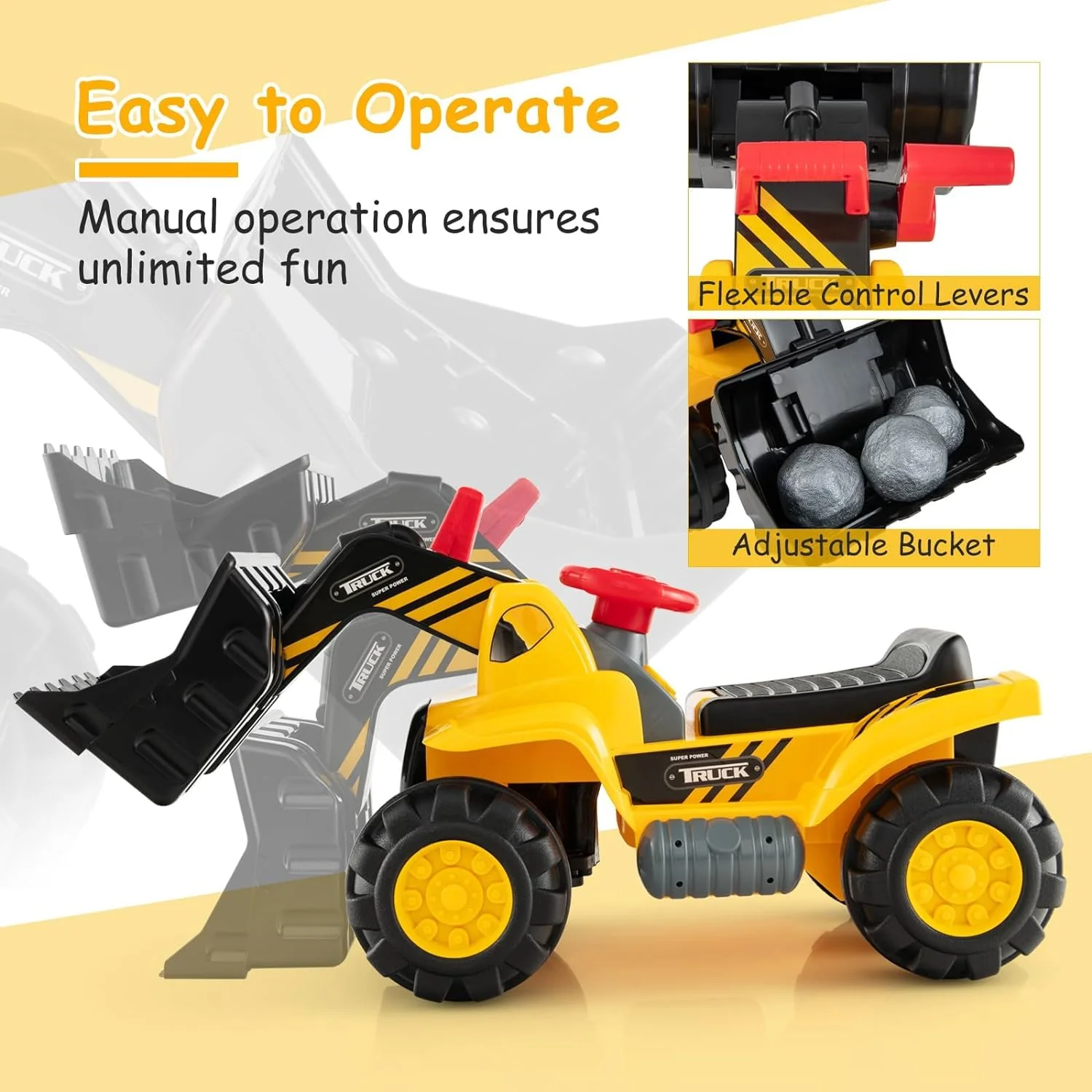 HONEY JOY Kids Ride on Excavator, Construction Digger Pulling Cart with Helmet, 3 Toy Stones - Image 4