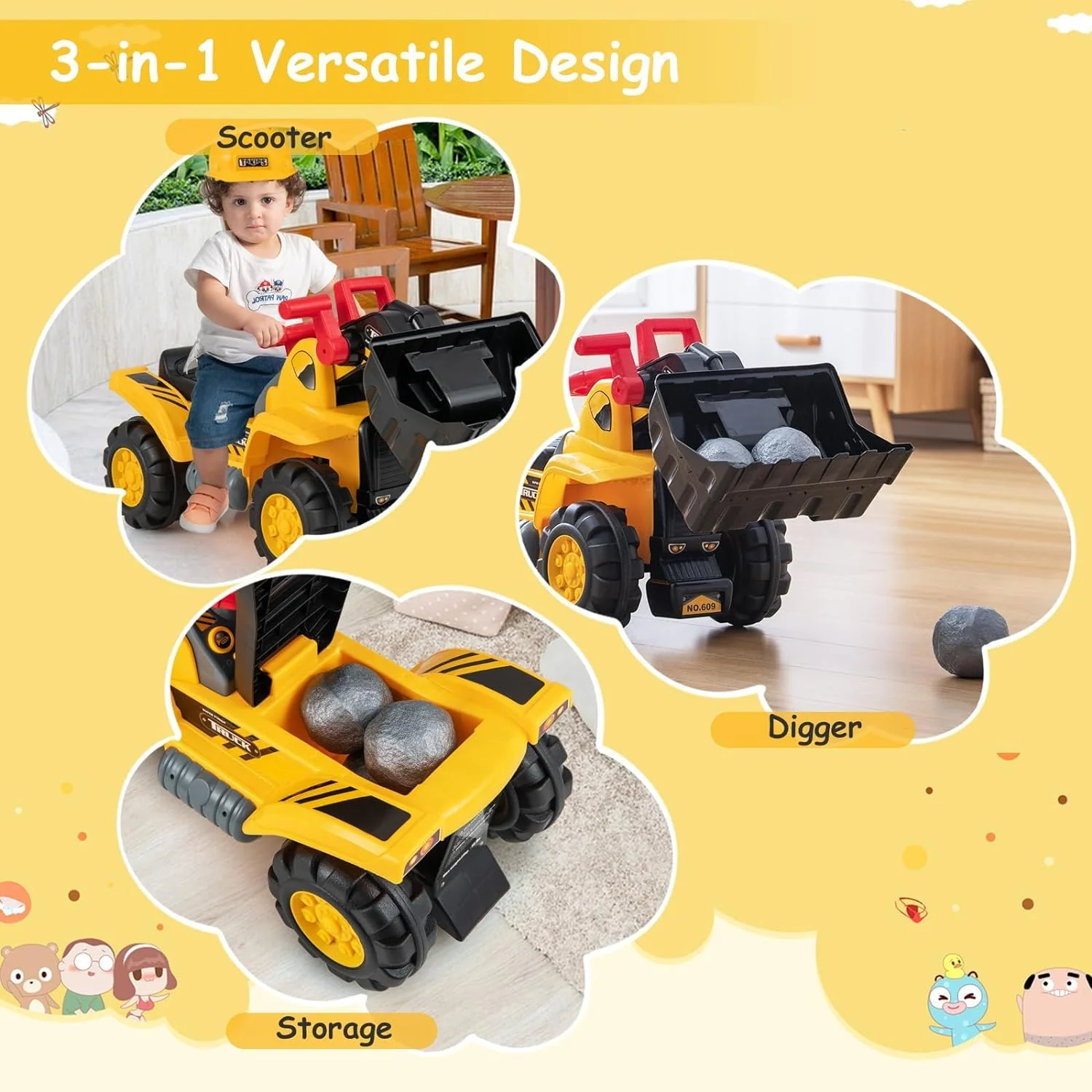 HONEY JOY Kids Ride on Excavator, Construction Digger Pulling Cart with Helmet, 3 Toy Stones - Image 6