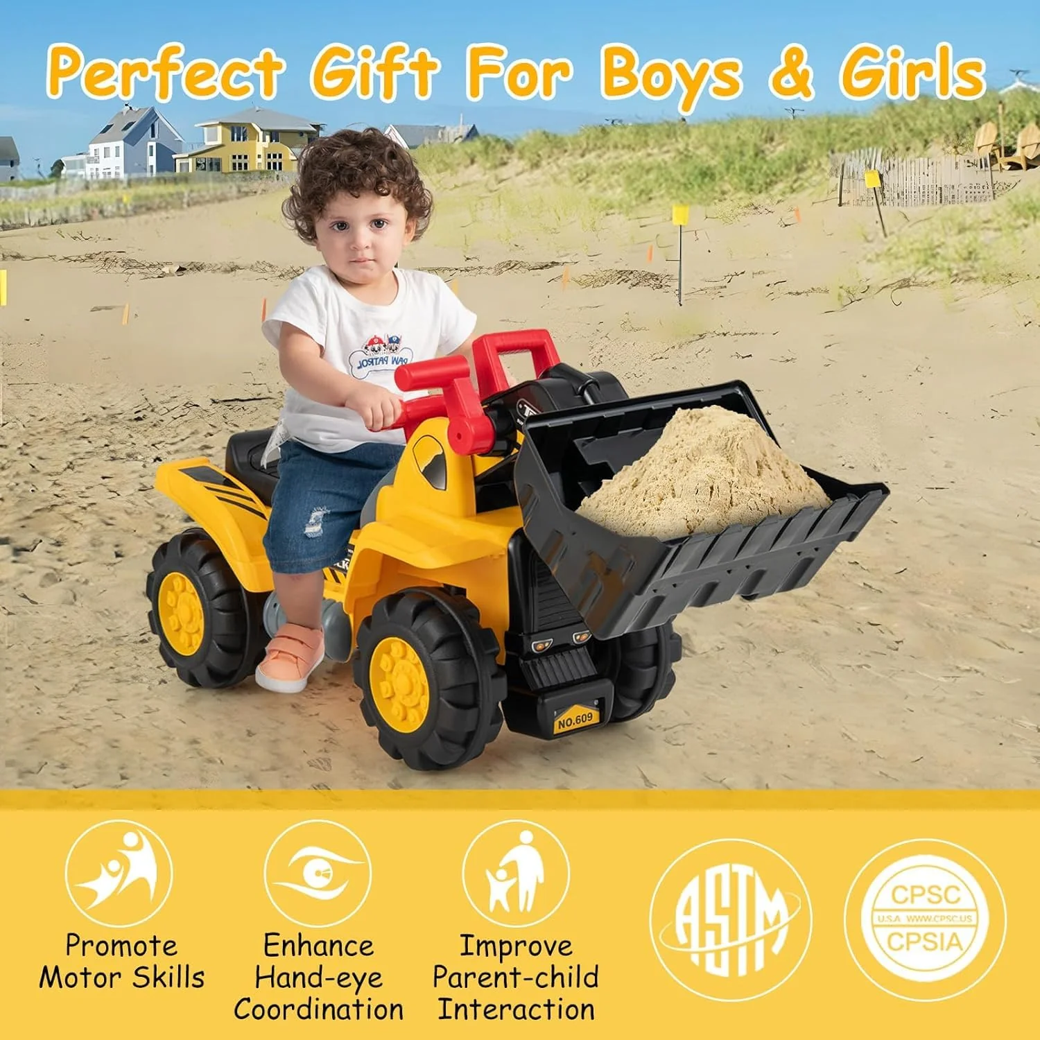 HONEY JOY Kids Ride on Excavator, Construction Digger Pulling Cart with Helmet, 3 Toy Stones - Image 7