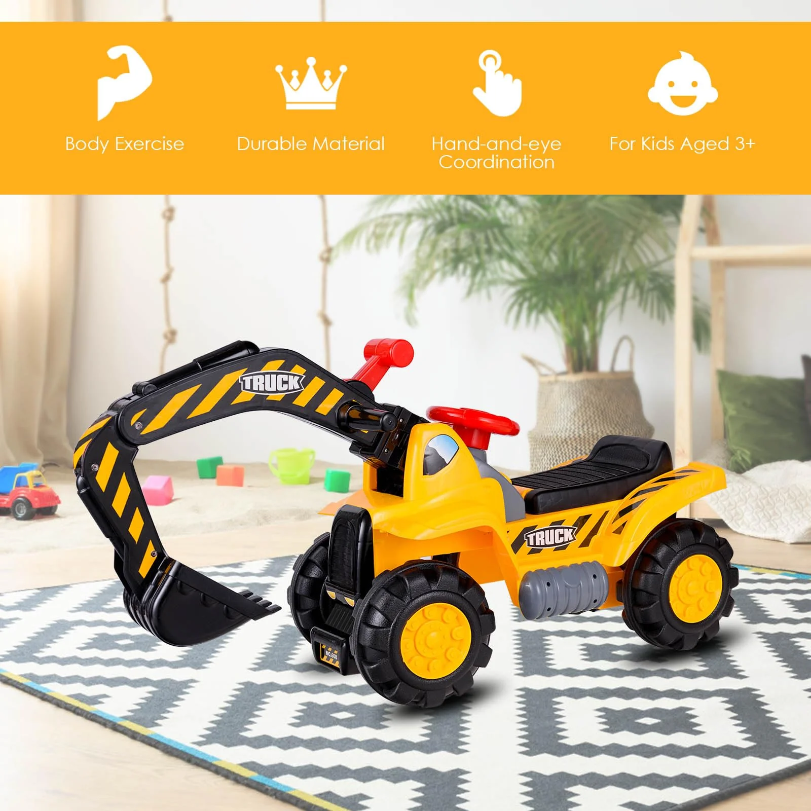 HONEY JOY Kids Ride On Excavator, Outdoor Digger Scooper Pulling Cart W/Safety Helmet Horn Underneath Storage - Image 2