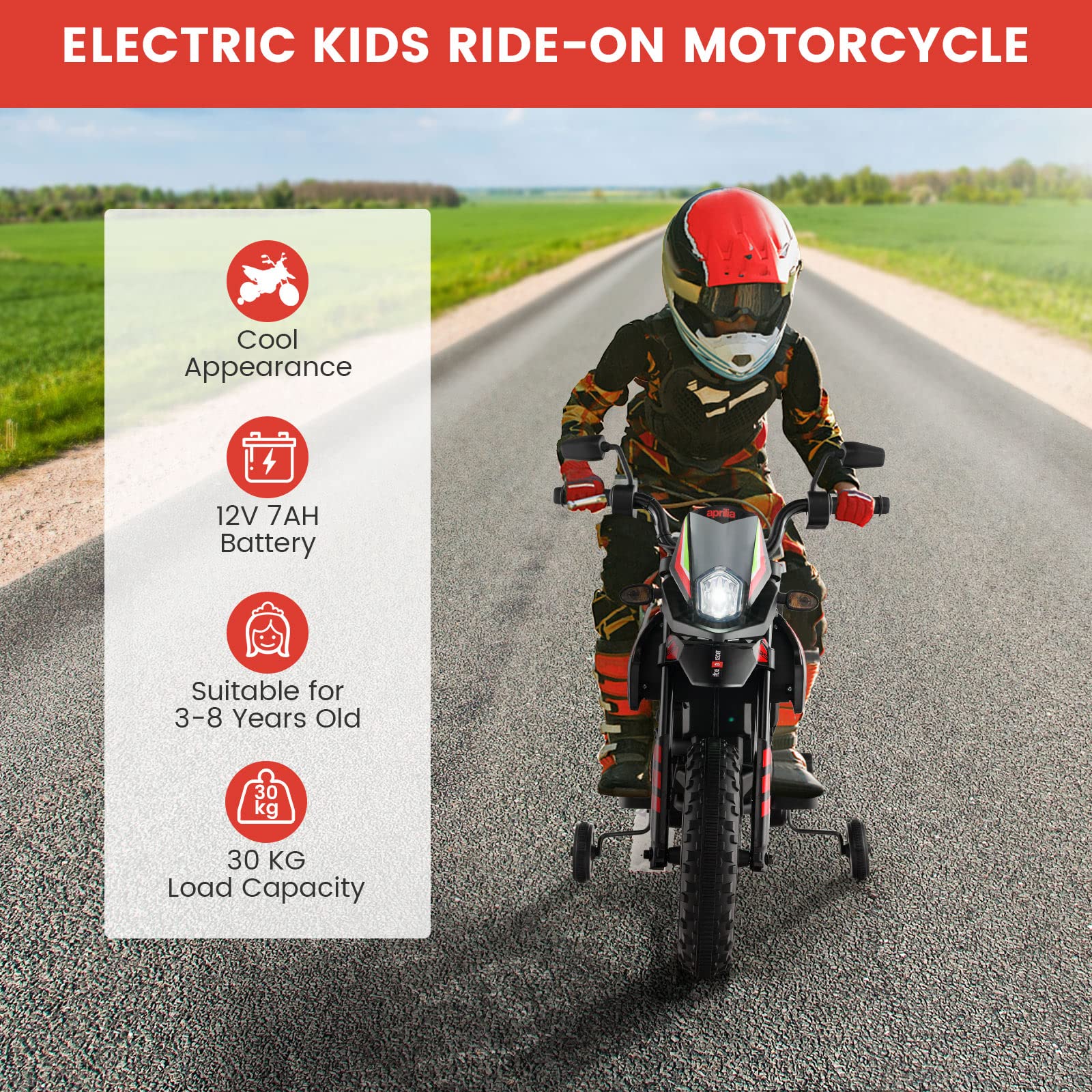 HONEY JOY Kids Ride On Motorcycle, Aprilia Licensed Children Ride On Motorbike w/2 Training Wheels - Image 3