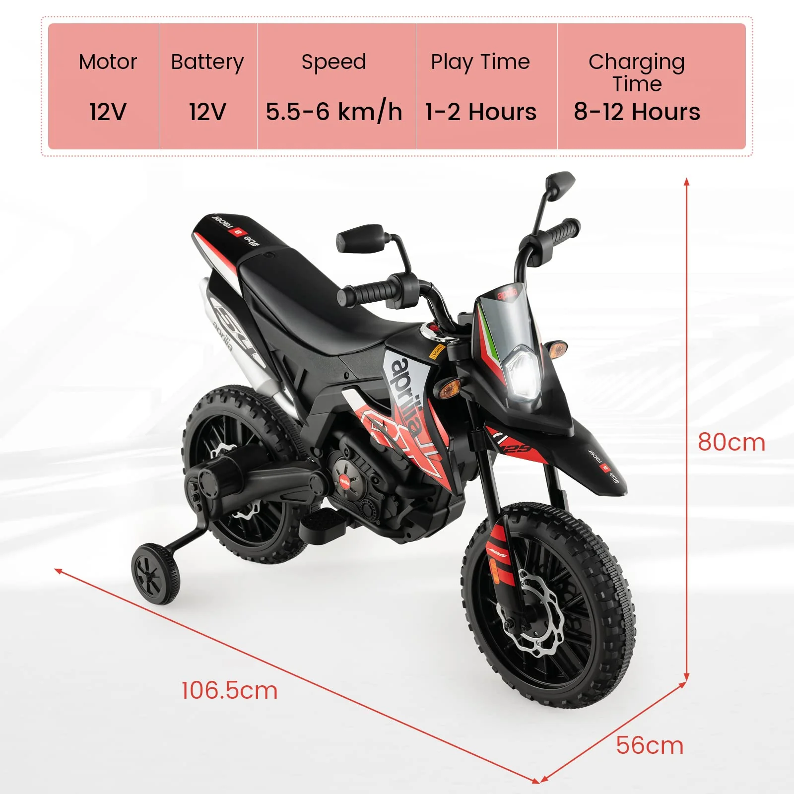 HONEY JOY Kids Ride On Motorcycle, Aprilia Licensed Children Ride On Motorbike w/2 Training Wheels - Image 4