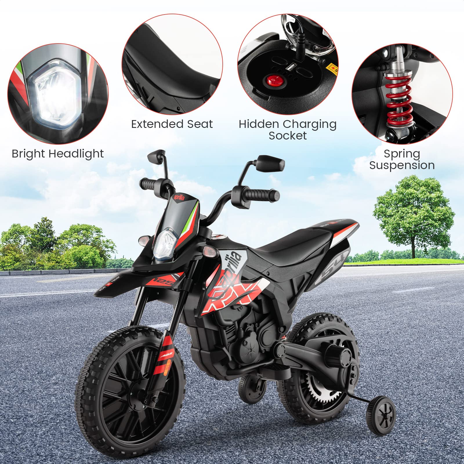 HONEY JOY Kids Ride On Motorcycle, Aprilia Licensed Children Ride On Motorbike w/2 Training Wheels - Image 6