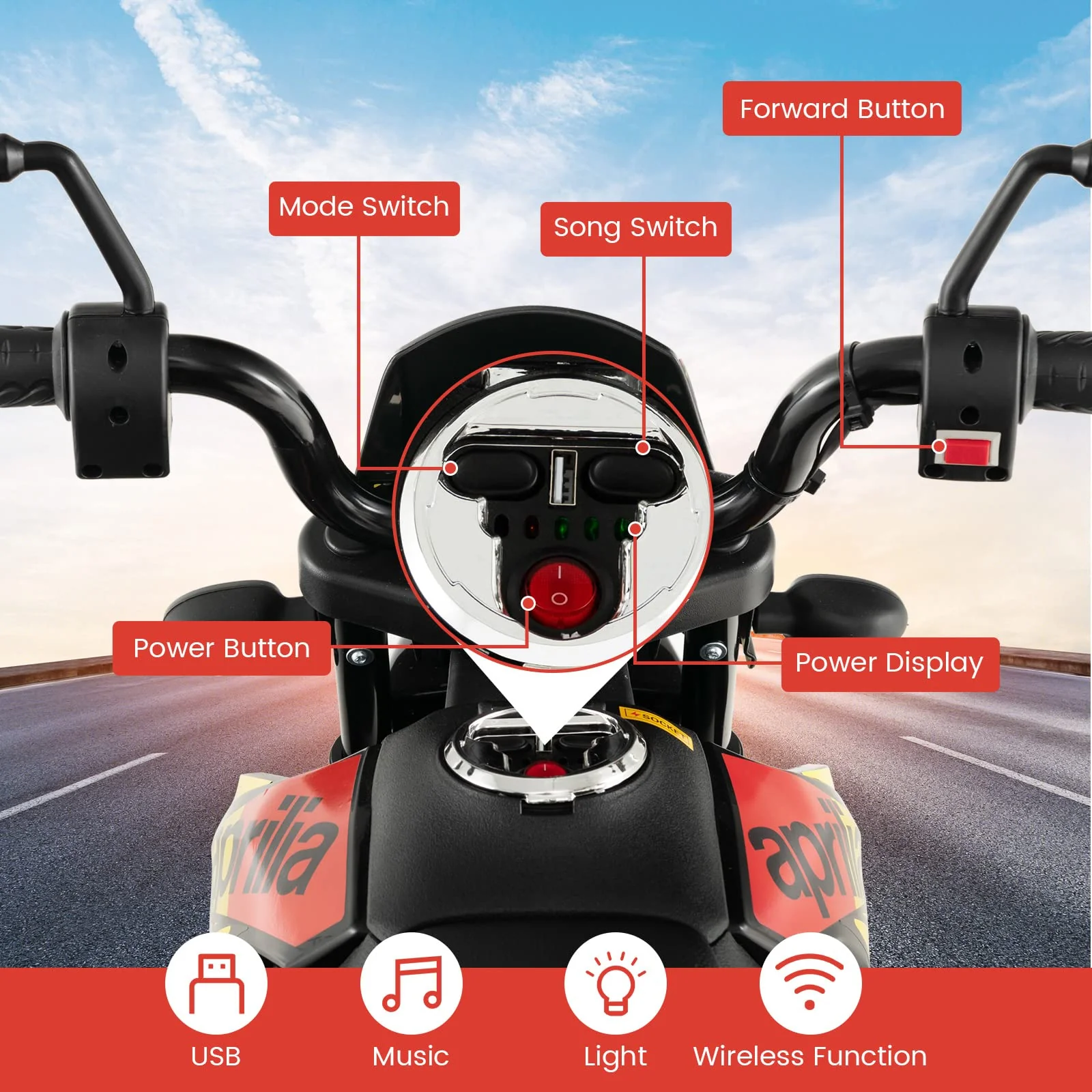 HONEY JOY Kids Ride On Motorcycle, Aprilia Licensed Children Ride On Motorbike w/2 Training Wheels - Image 8