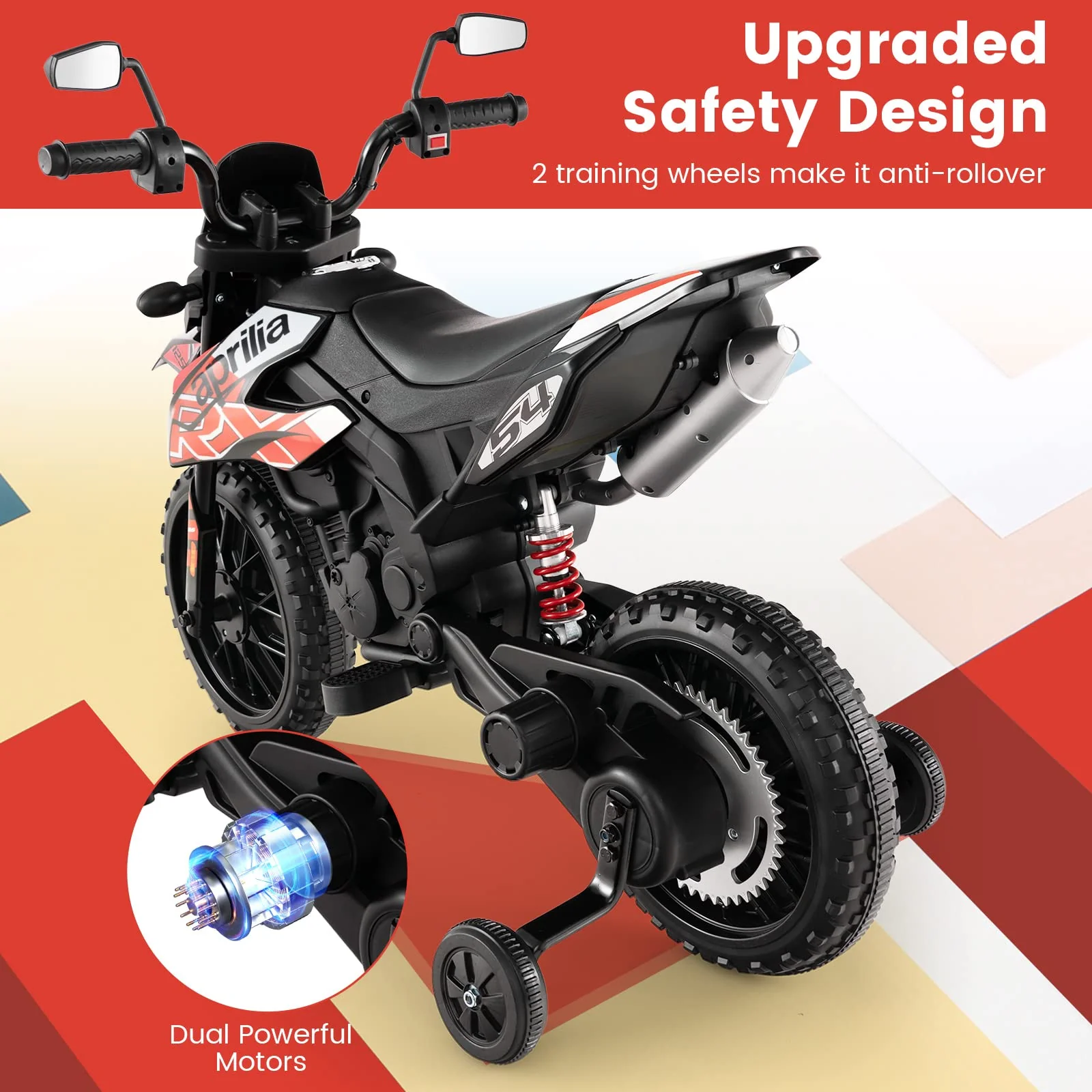 HONEY JOY Kids Ride On Motorcycle, Aprilia Licensed Children Ride On Motorbike w/2 Training Wheels - Image 9