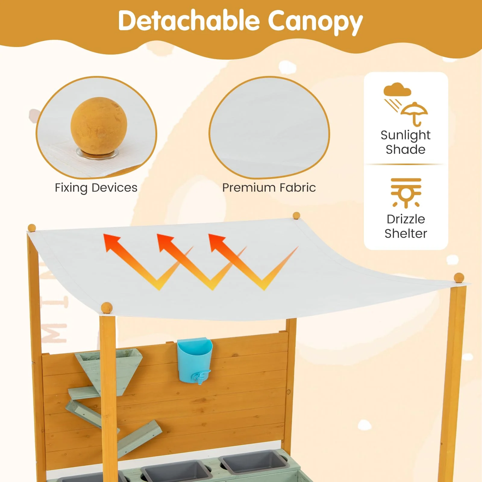 HONEY JOY Kids Sandbox with Sand Wall, Wooden Sandpit for 3-8 Years w/Removable Canopy - Image 3