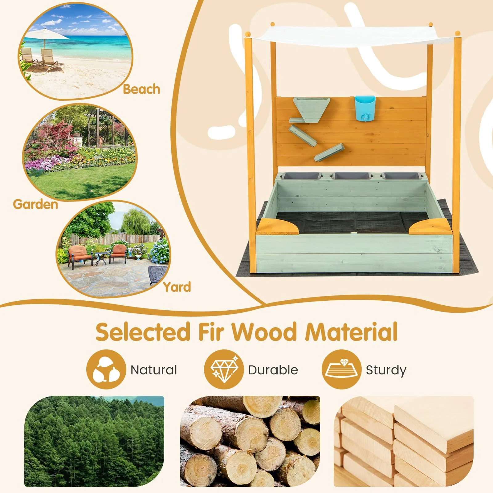 HONEY JOY Kids Sandbox with Sand Wall, Wooden Sandpit for 3-8 Years w/Removable Canopy - Image 4
