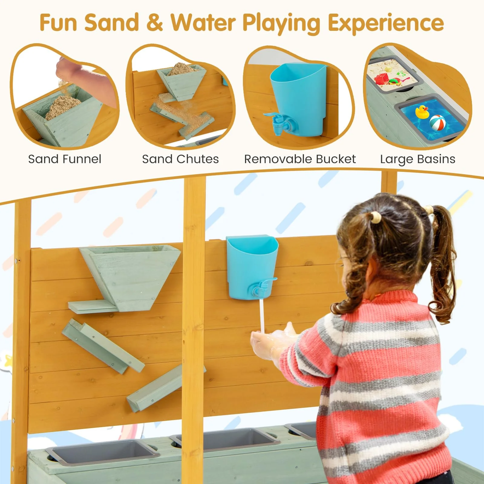 HONEY JOY Kids Sandbox with Sand Wall, Wooden Sandpit for 3-8 Years w/Removable Canopy - Image 6
