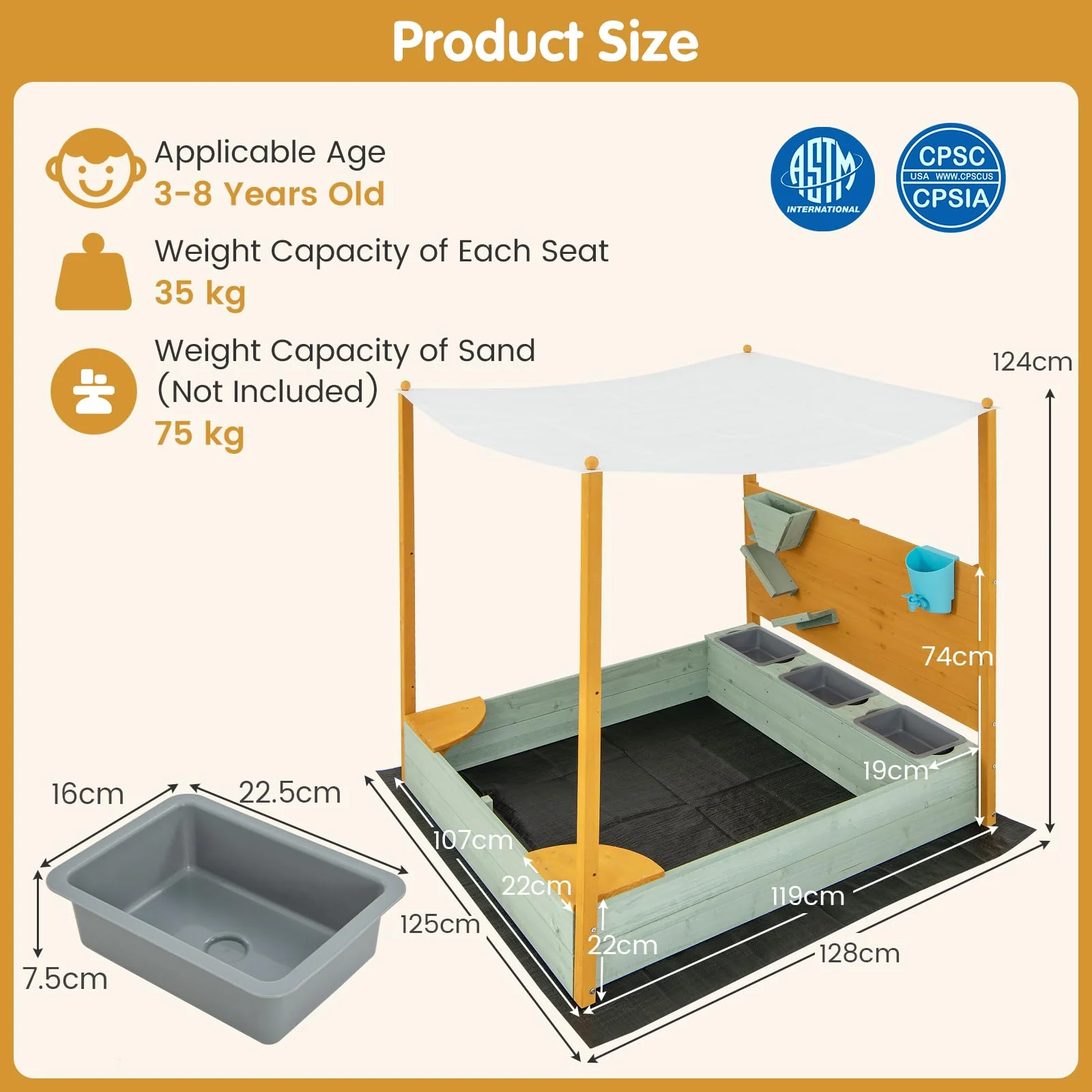 HONEY JOY Kids Sandbox with Sand Wall, Wooden Sandpit for 3-8 Years w/Removable Canopy - Image 7