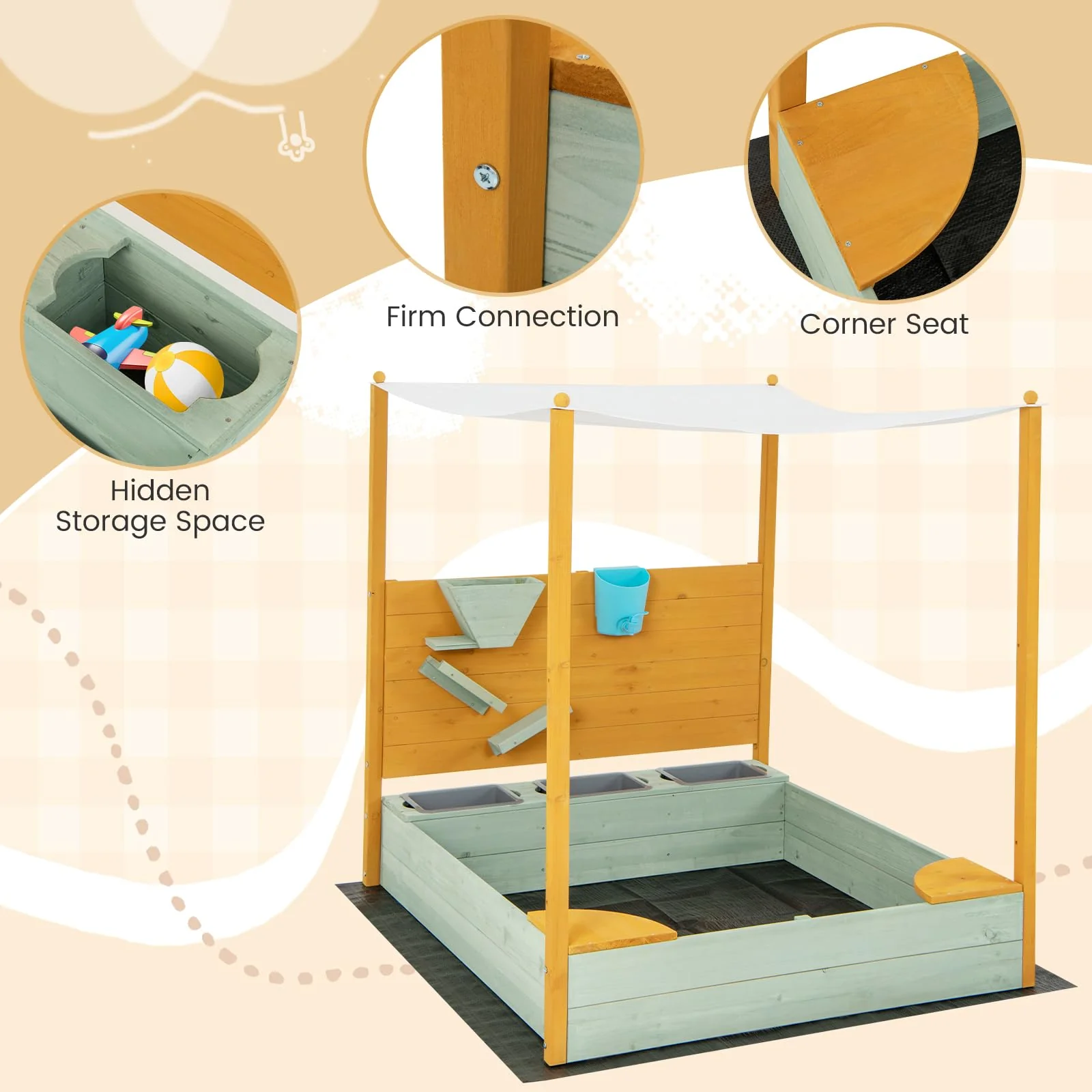 HONEY JOY Kids Sandbox with Sand Wall, Wooden Sandpit for 3-8 Years w/Removable Canopy - Image 8