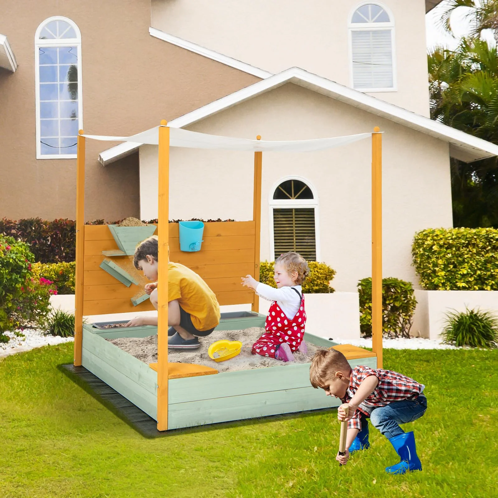 HONEY JOY Kids Sandbox with Sand Wall, Wooden Sandpit for 3-8 Years w/Removable Canopy - Image 9