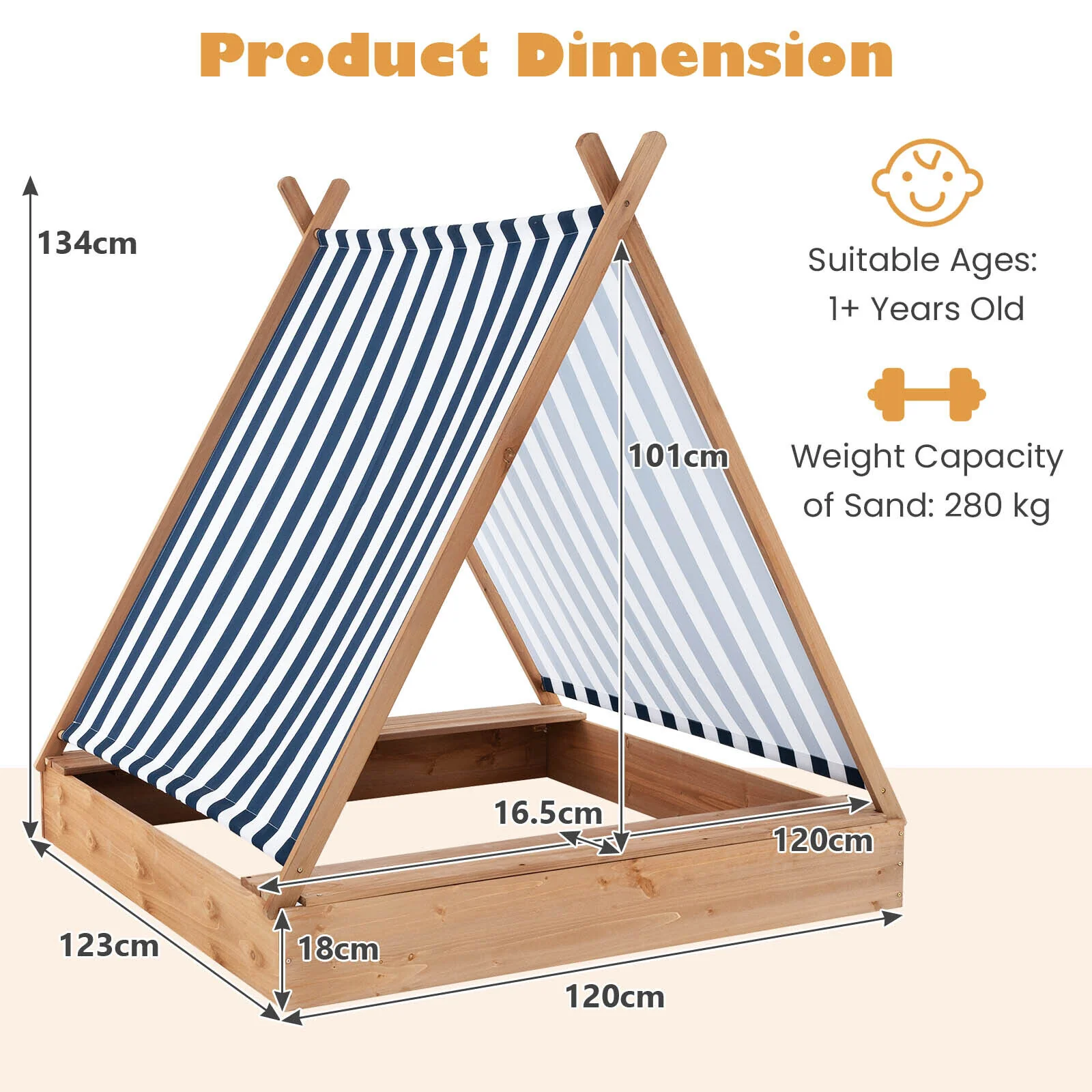 HONEY JOY Kids Sandpit Wooden Sandbox Sand Pit Play Station w/Canopy Bench Seats - Image 3