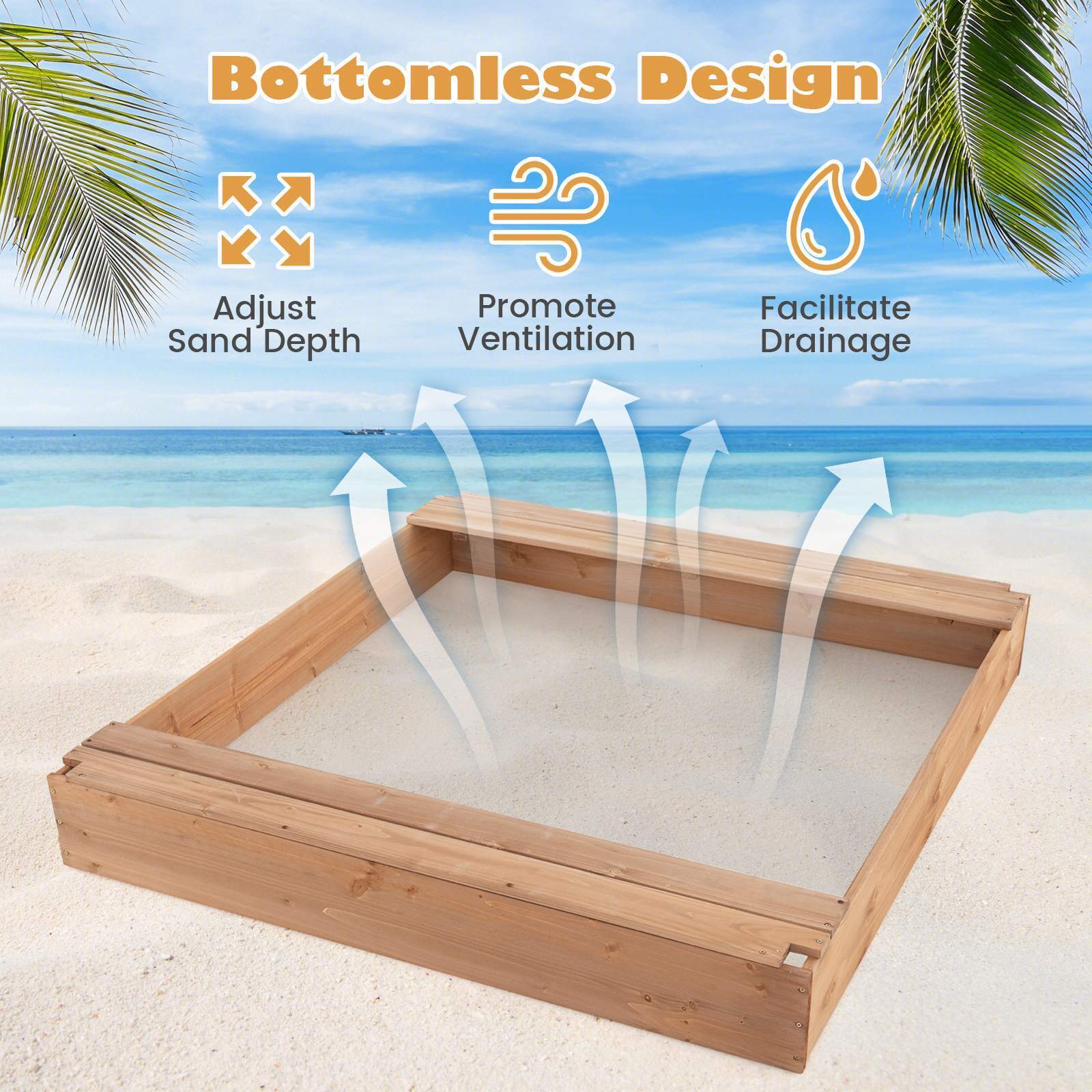 HONEY JOY Kids Sandpit Wooden Sandbox Sand Pit Play Station w/Canopy Bench Seats - Image 5