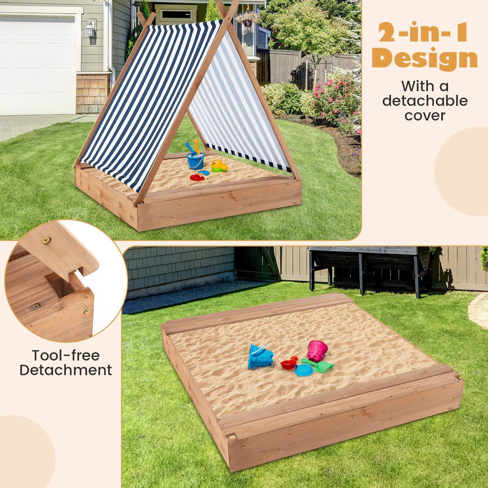 HONEY JOY Kids Sandpit Wooden Sandbox Sand Pit Play Station w/Canopy Bench Seats - Image 8