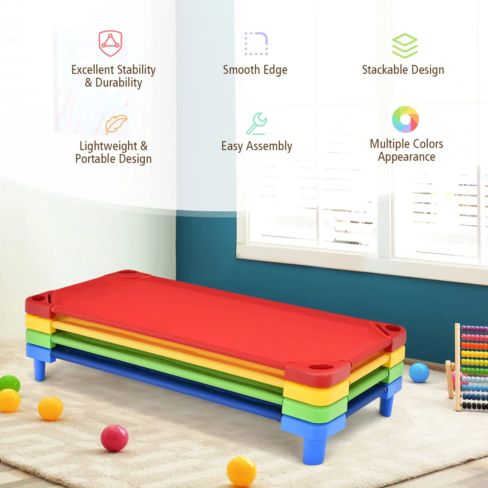 HONEY JOY Kids Stackable Naptime Cot, Toddler Daycare Cots Rest Mat w/ Easy Lift Corners - Image 3
