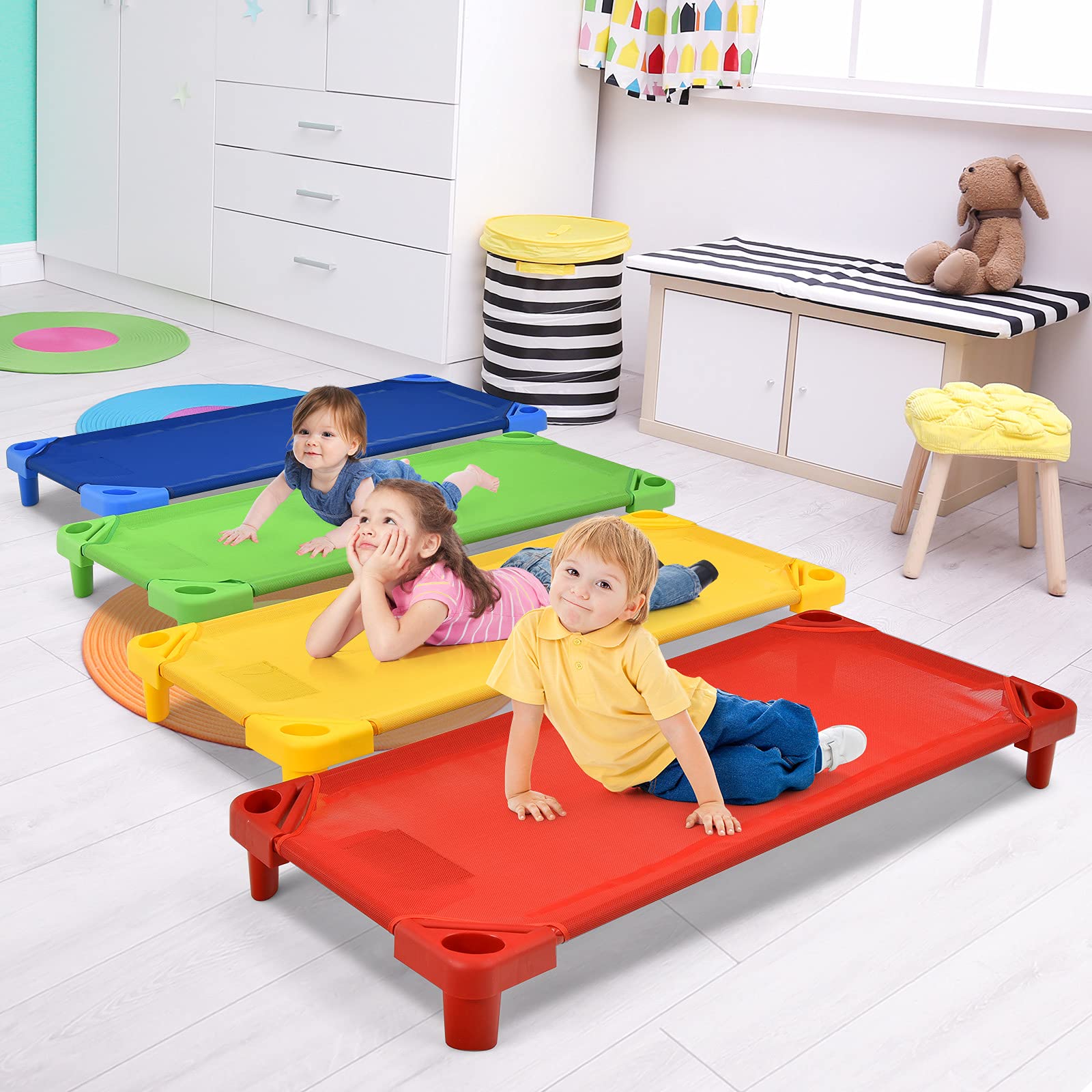 HONEY JOY Kids Stackable Naptime Cot, Toddler Daycare Cots Rest Mat w/ Easy Lift Corners - Image 5