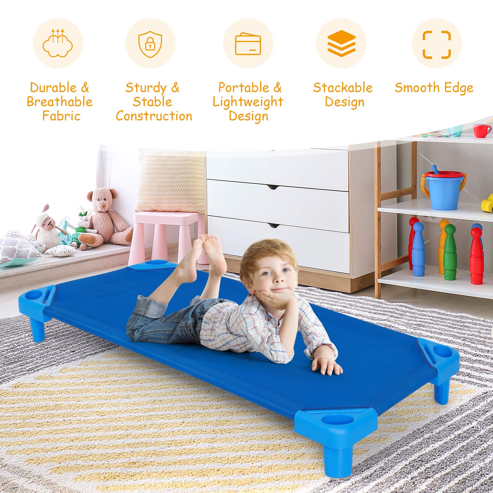 HONEY JOY Kids Stackable Naptime Cot, Toddler Daycare Rest Mat w/Detachable Oxford Fabric, Space Saving - Image 6