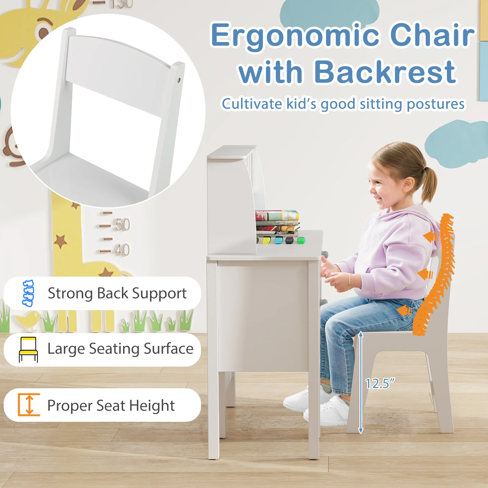 HONEY JOY Kids Study Desk and Chair Set, Children Wooden Craft Table with Chair, Hutch and Storage Cabinet for 3+ Years Old - Image 5