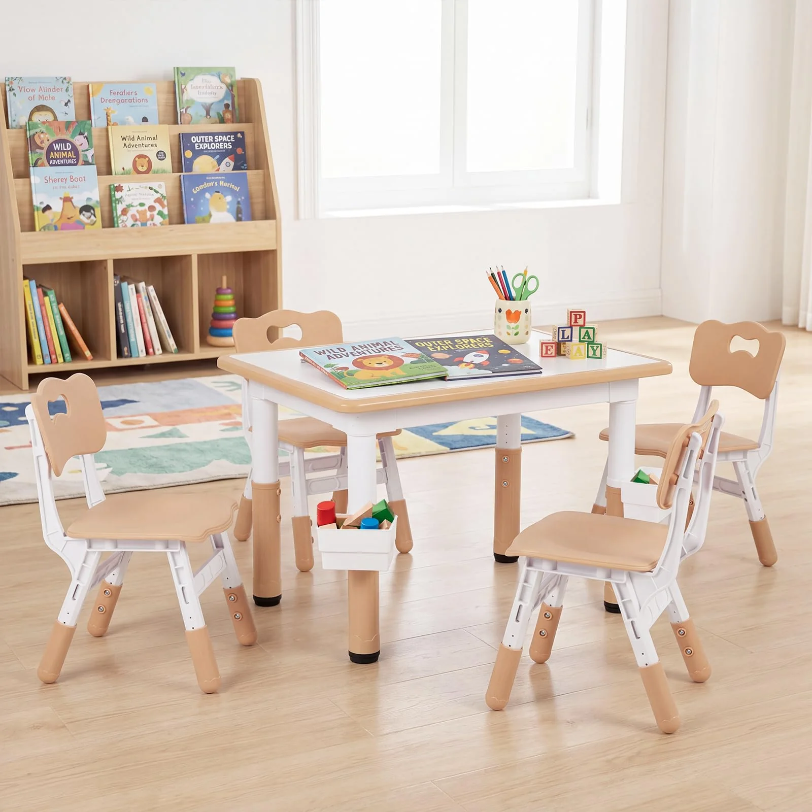 HONEY JOY Kids Table and 4 Chairs Set, Height Adjustable Toddler Desk and Chair Set - Image 2