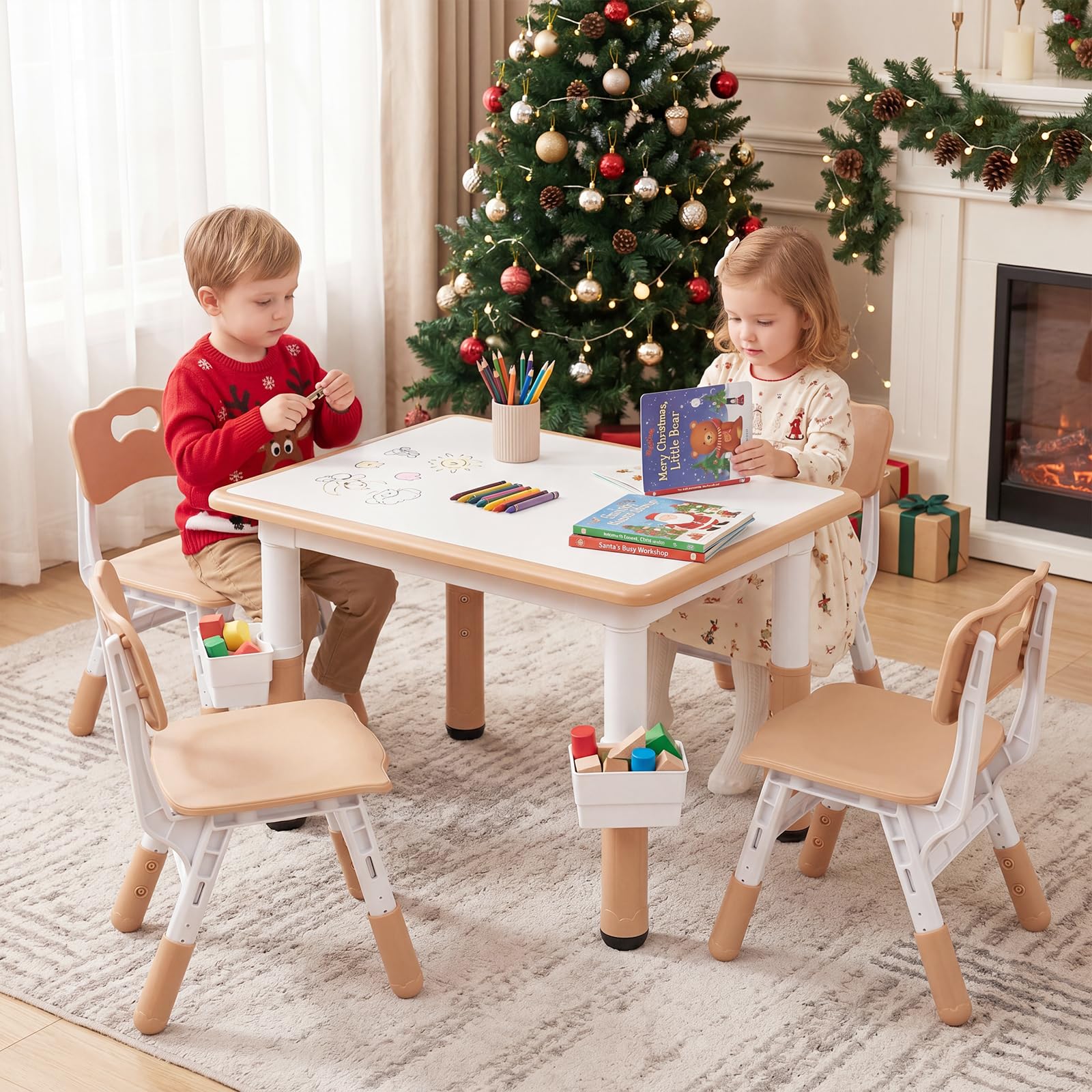 HONEY JOY Kids Table and 4 Chairs Set, Height Adjustable Toddler Desk and Chair Set - Image 3