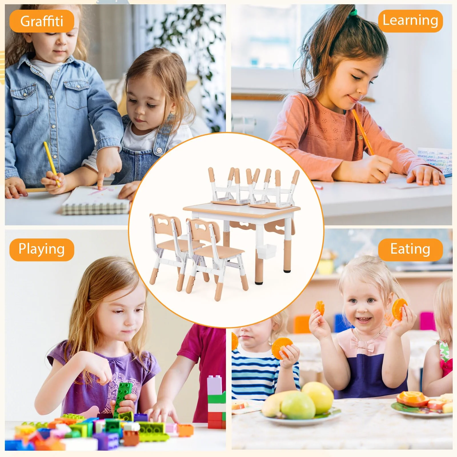 HONEY JOY Kids Table and 4 Chairs Set, Height Adjustable Toddler Desk and Chair Set - Image 6