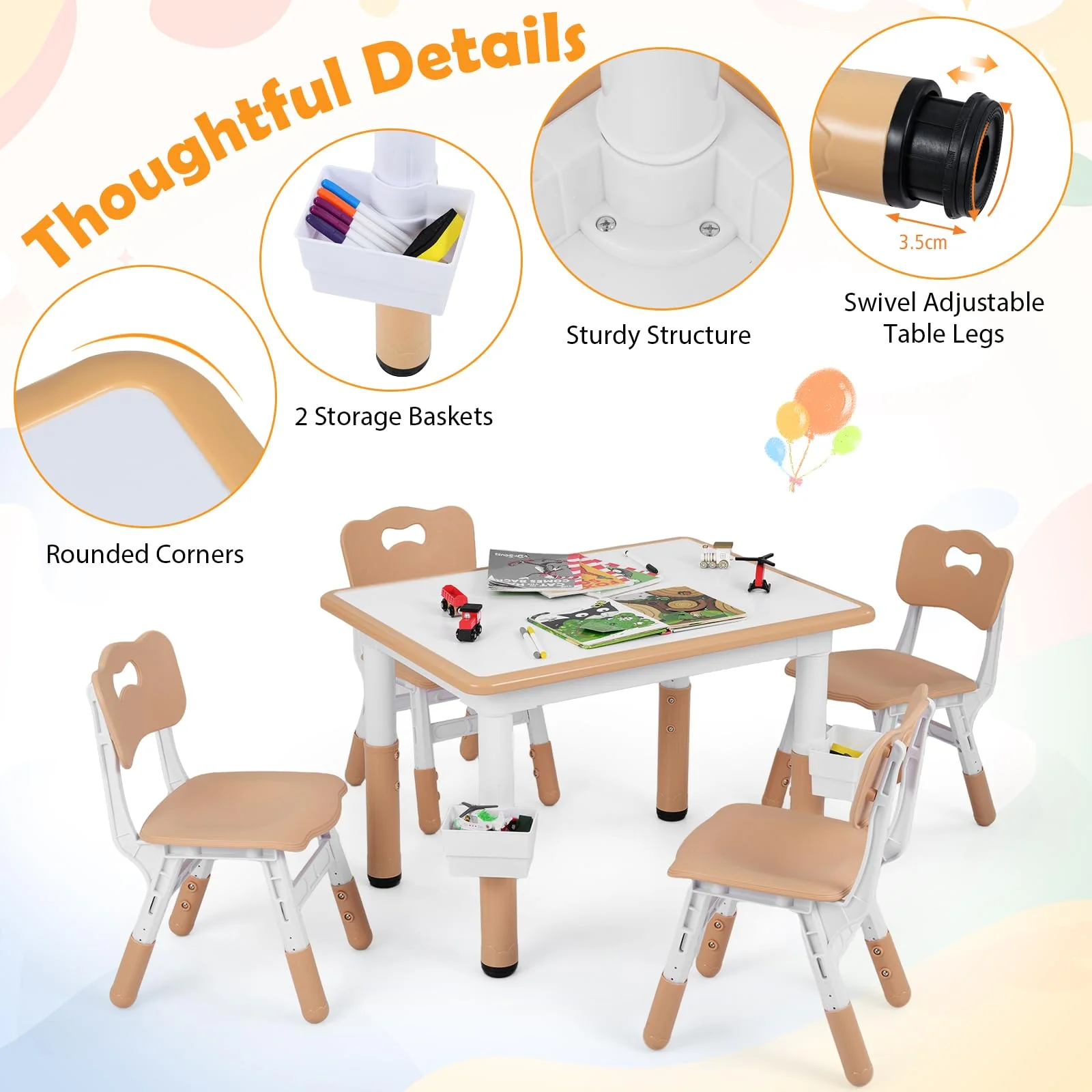 HONEY JOY Kids Table and 4 Chairs Set, Height Adjustable Toddler Desk and Chair Set - Image 7