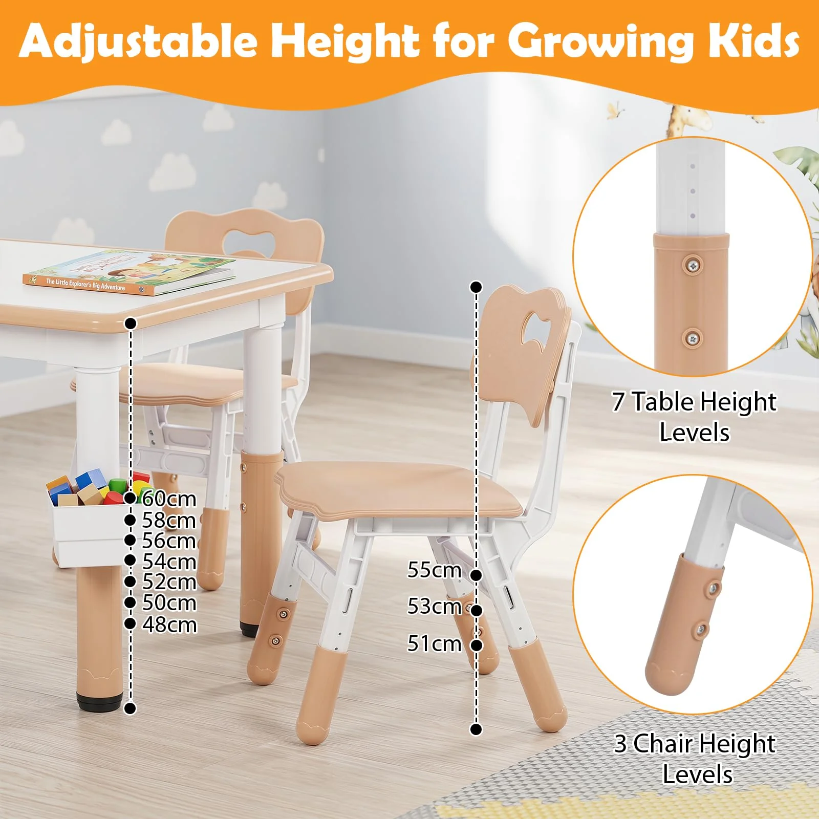 HONEY JOY Kids Table and 4 Chairs Set, Height Adjustable Toddler Desk and Chair Set - Image 8