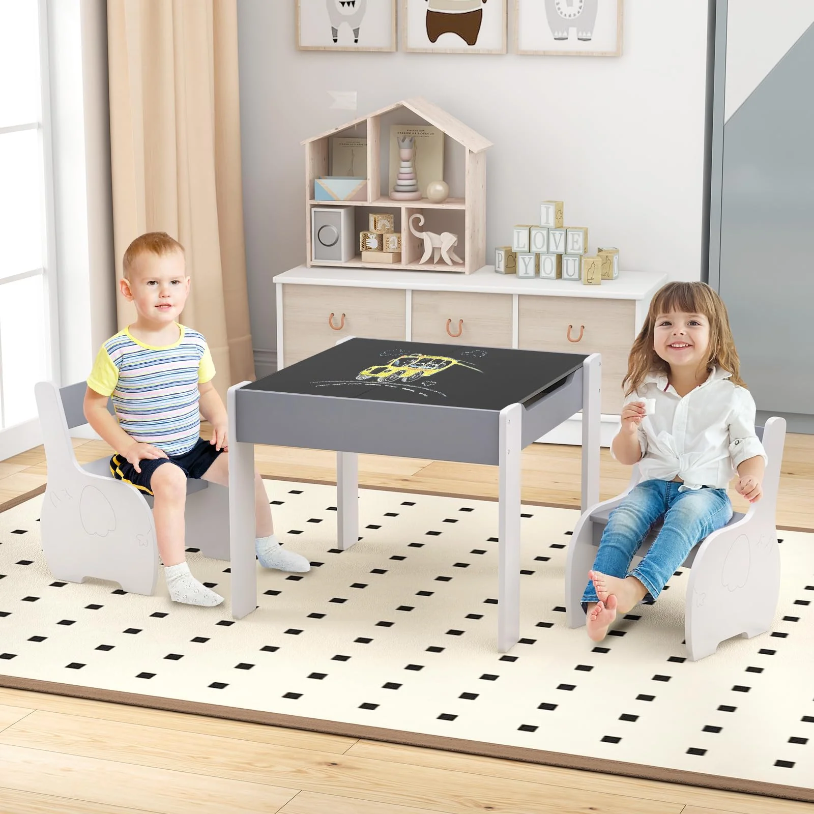 HONEY JOY Kids Table and Chair Set, 3-in-1 Wooden Activity Table and 2 Chairs for Drawing, Studying - Image 10