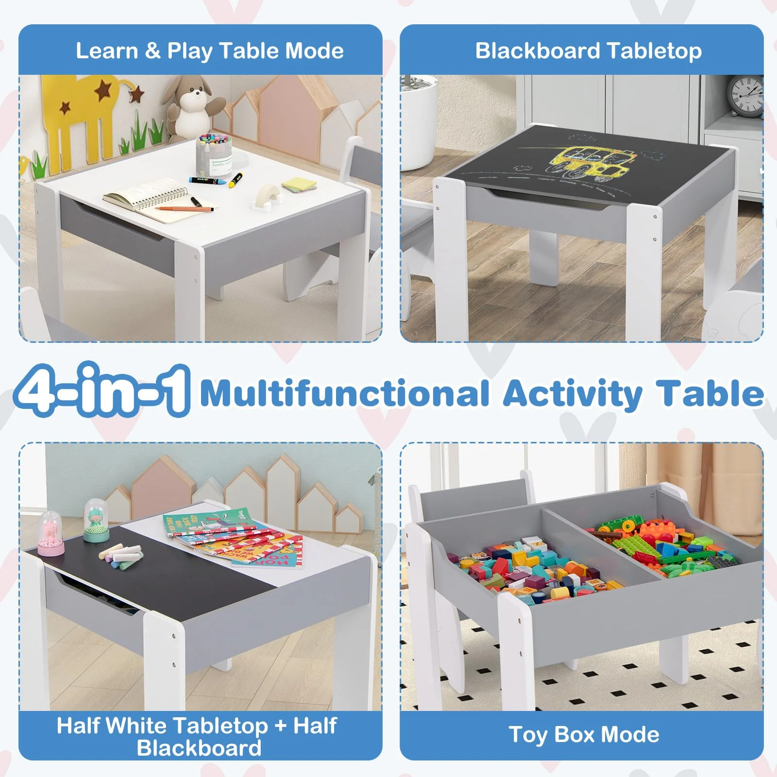 HONEY JOY Kids Table and Chair Set, 3-in-1 Wooden Activity Table and 2 Chairs for Drawing, Studying - Image 12