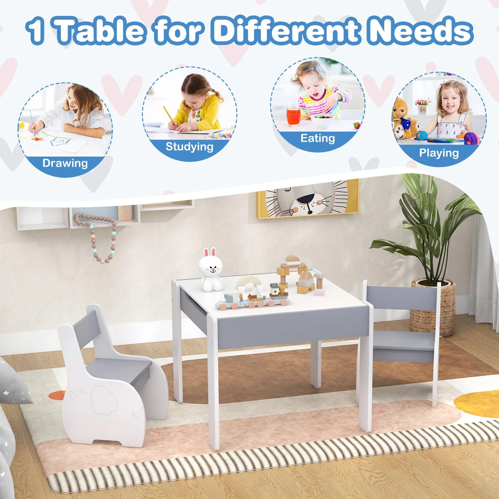 HONEY JOY Kids Table and Chair Set, 3-in-1 Wooden Activity Table and 2 Chairs for Drawing, Studying - Image 13