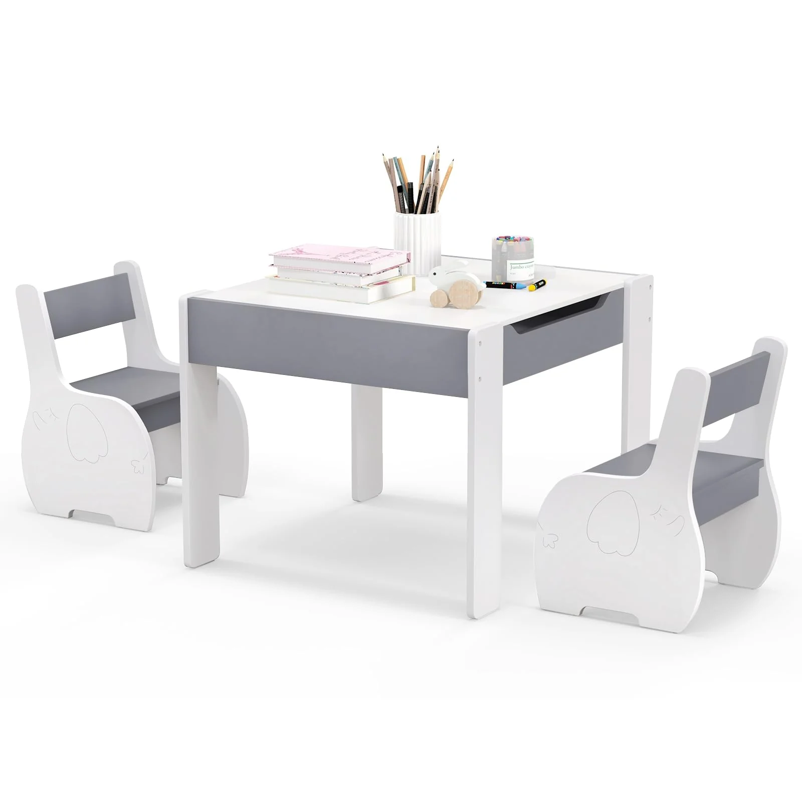 HONEY JOY Kids Table and Chair Set, 3-in-1 Wooden Activity Table and 2 Chairs for Drawing, Studying - Image 16