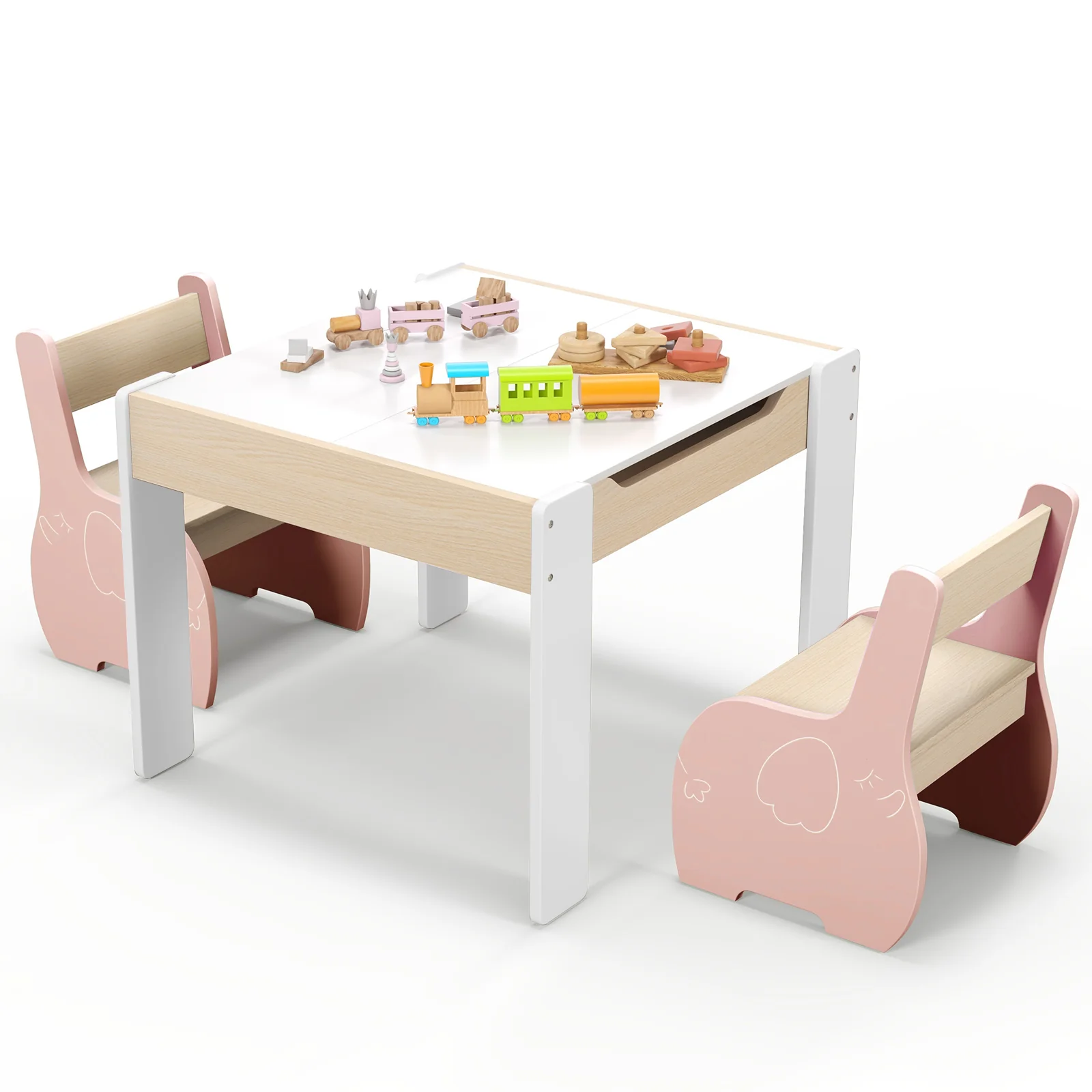HONEY JOY Kids Table and Chair Set, 3-in-1 Wooden Activity Table and 2 Chairs for Drawing, Studying - Image 20