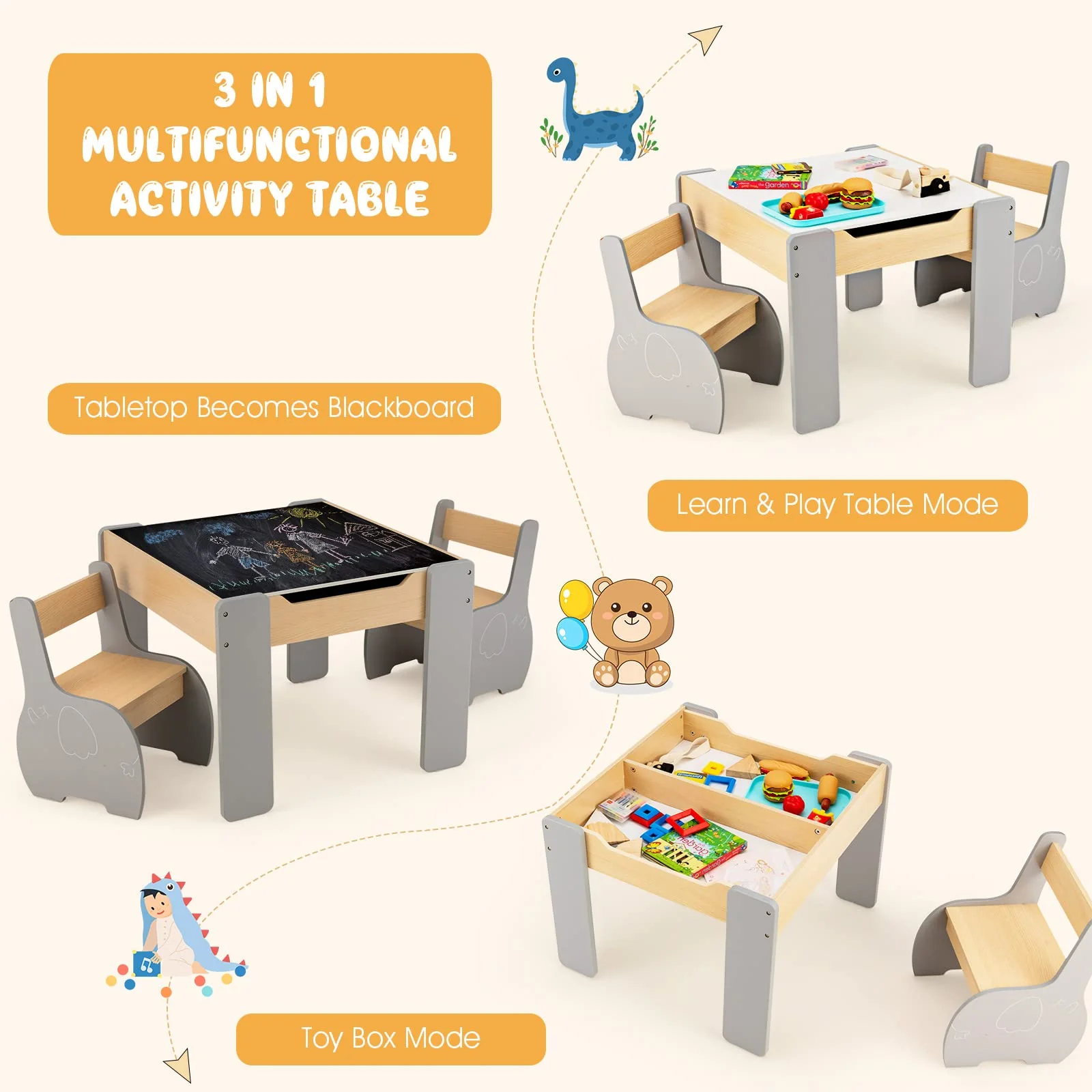 HONEY JOY Kids Table and Chair Set, 3-in-1 Wooden Activity Table and 2 Chairs for Drawing, Studying - Image 4
