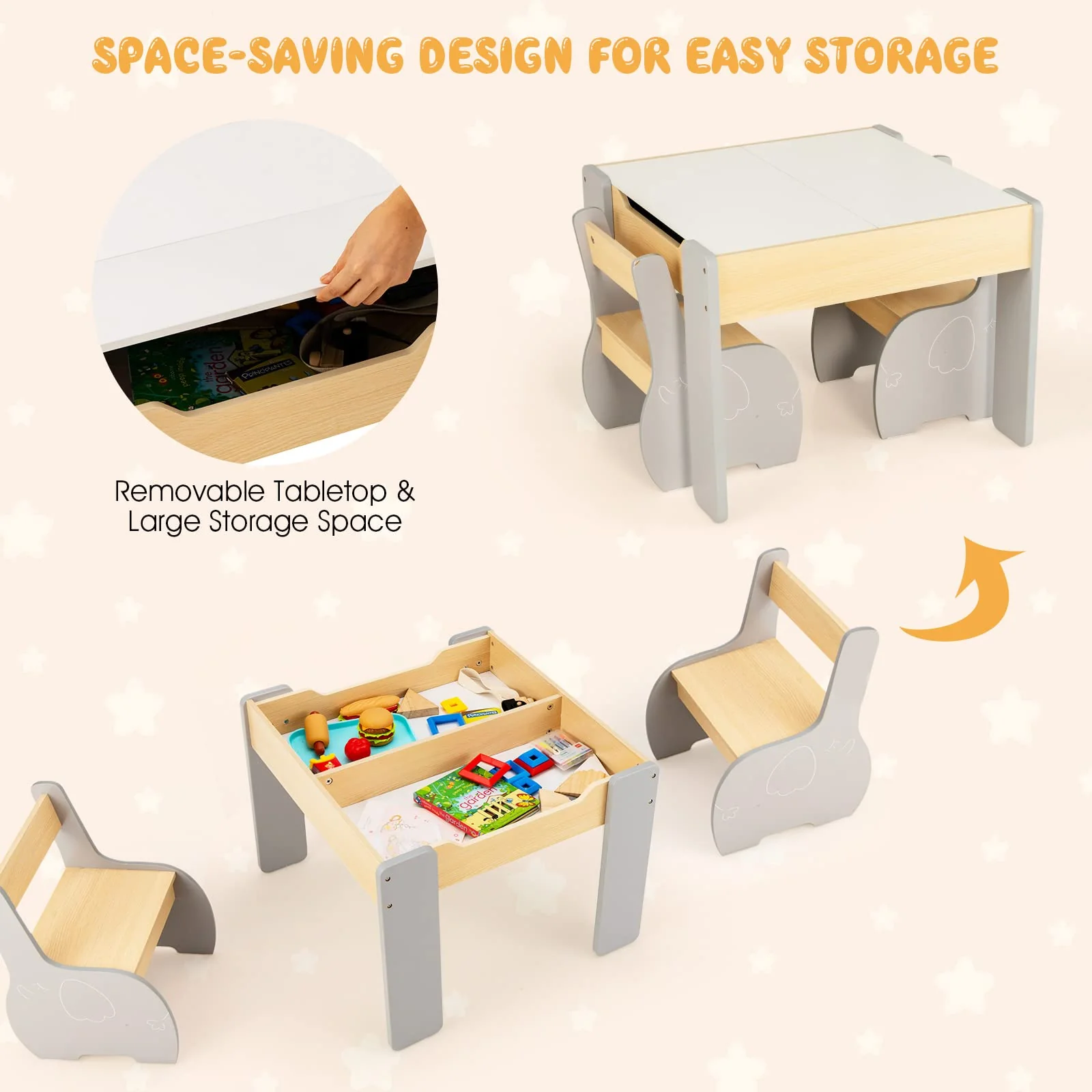 HONEY JOY Kids Table and Chair Set, 3-in-1 Wooden Activity Table and 2 Chairs for Drawing, Studying - Image 5
