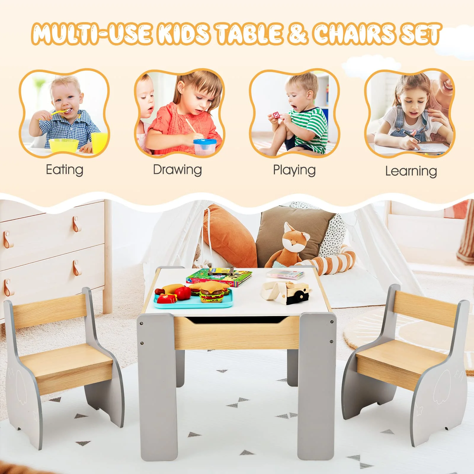 HONEY JOY Kids Table and Chair Set, 3-in-1 Wooden Activity Table and 2 Chairs for Drawing, Studying - Image 7