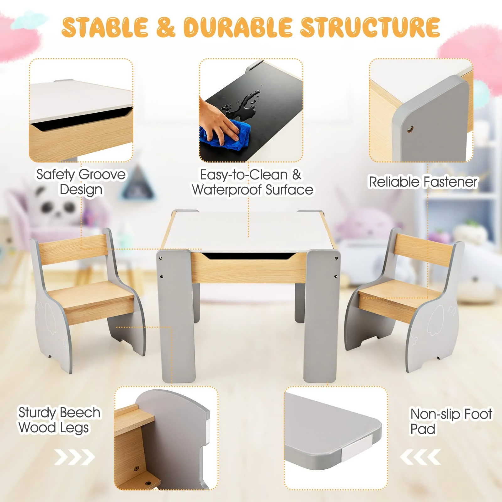 HONEY JOY Kids Table and Chair Set, 3-in-1 Wooden Activity Table and 2 Chairs for Drawing, Studying - Image 8