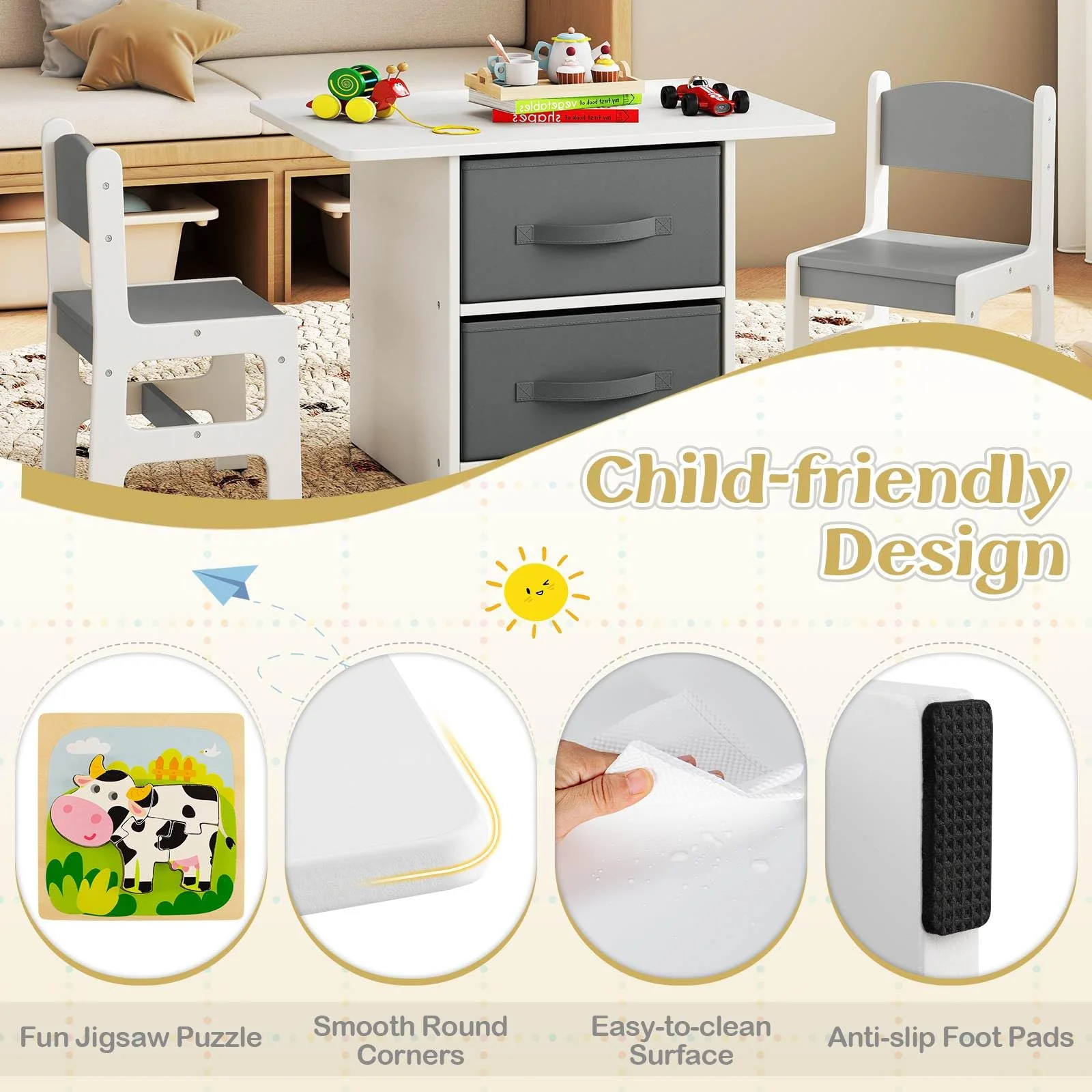 HONEY JOY Kids Table and Chair Set, Toddler Wooden Activity Table - Image 4
