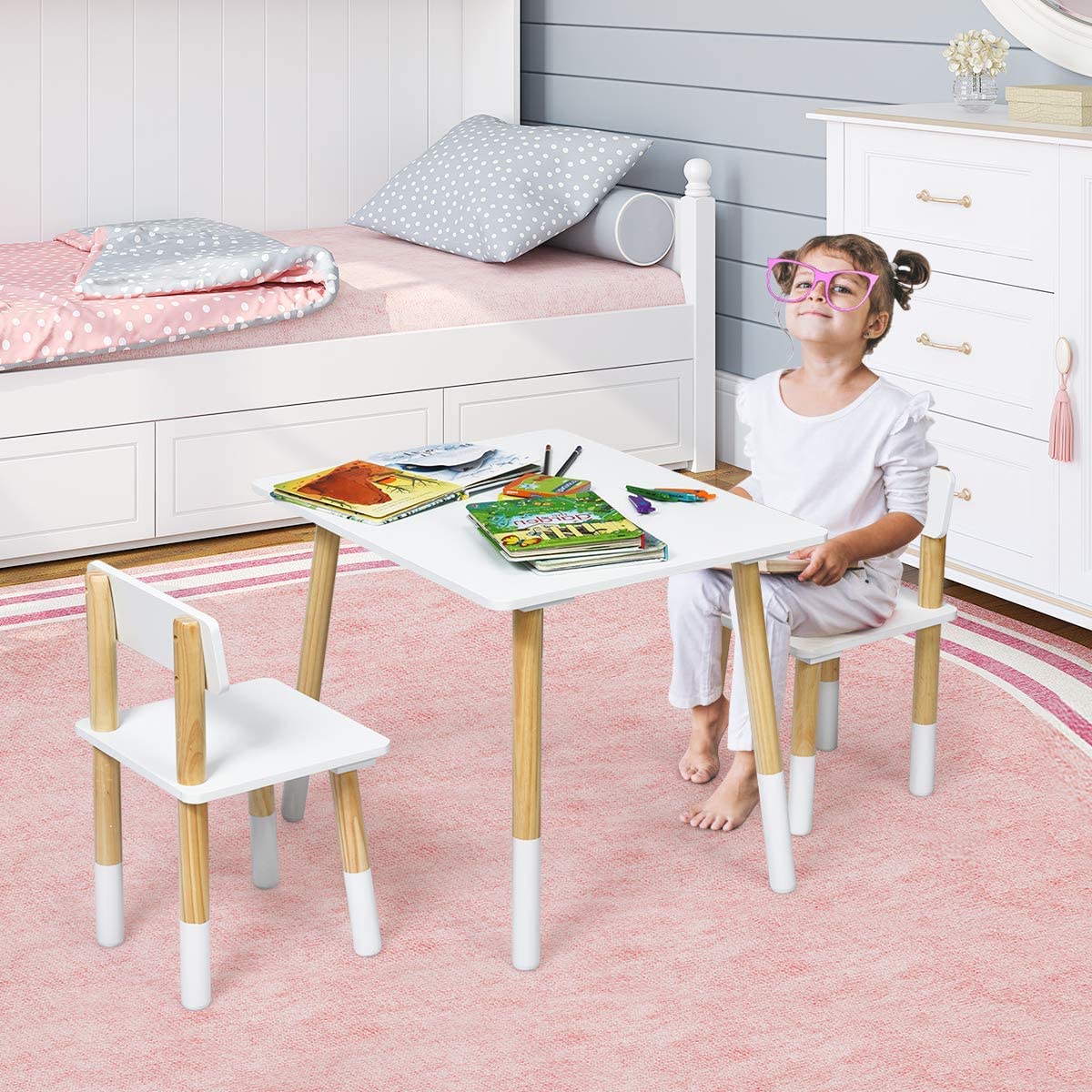 HONEY JOY Kids Table and Chairs Set, 3 Pieces Table Furniture for Toddler Drawing Reading Arts Crafts Snack Time - Image 2
