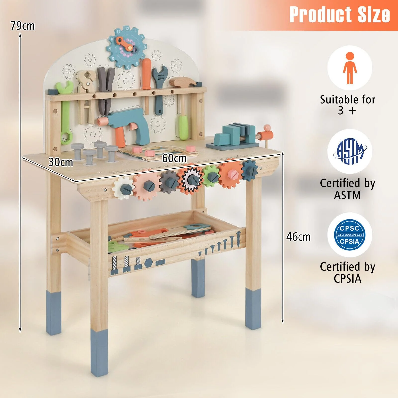 HONEY JOY Kids Tool Bench, Wooden Pretend Workbench w/63 Toy Tools and Accessories - Image 3