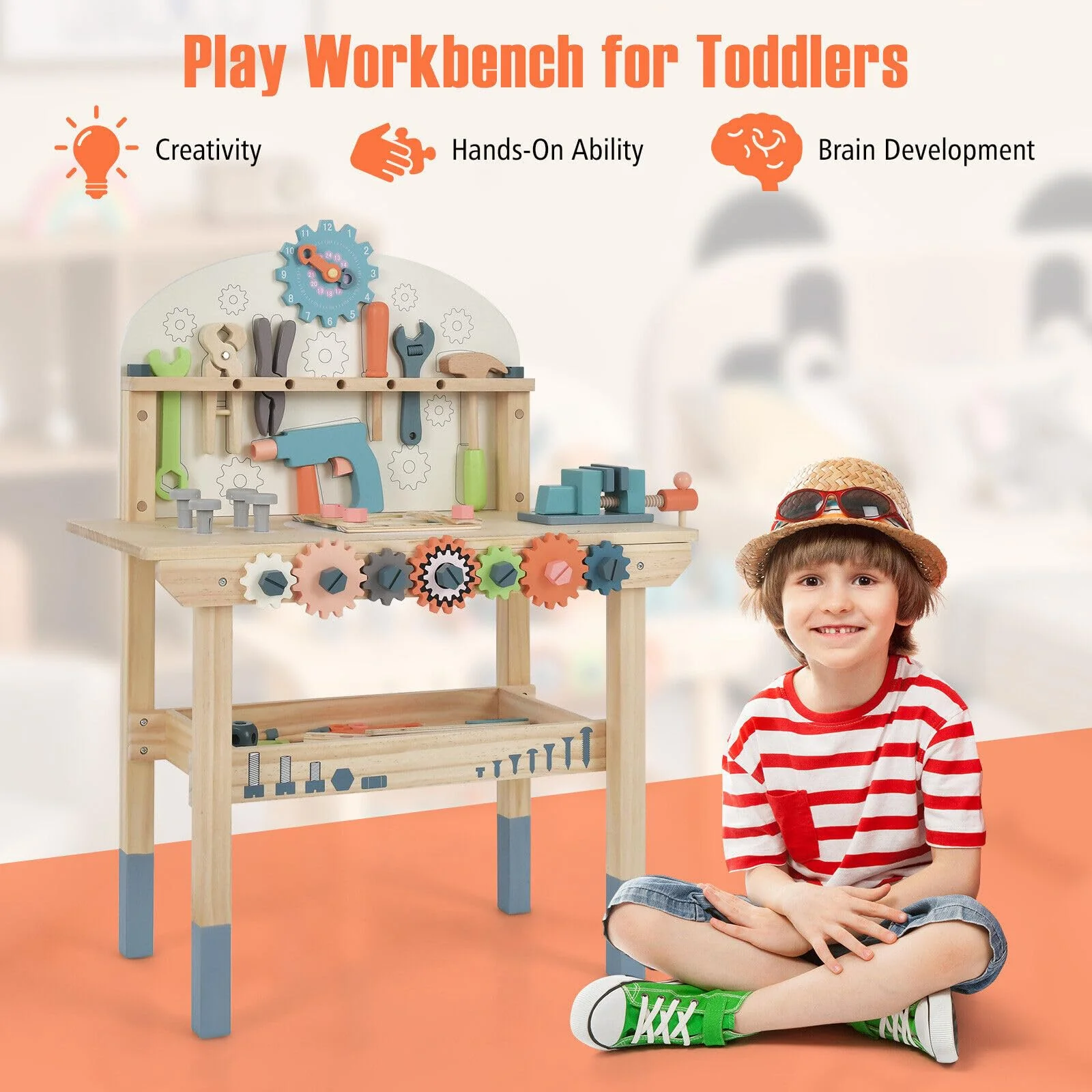 HONEY JOY Kids Tool Bench, Wooden Pretend Workbench w/63 Toy Tools and Accessories - Image 9