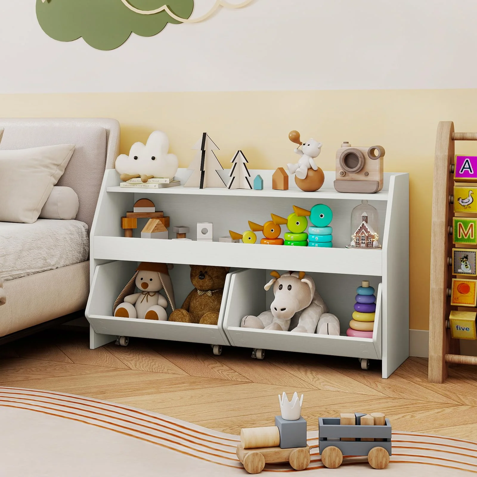 HONEY JOY Kids Toy Storage Box, Children Wooden Bookcase with 2 Movable Drawers - Image 2