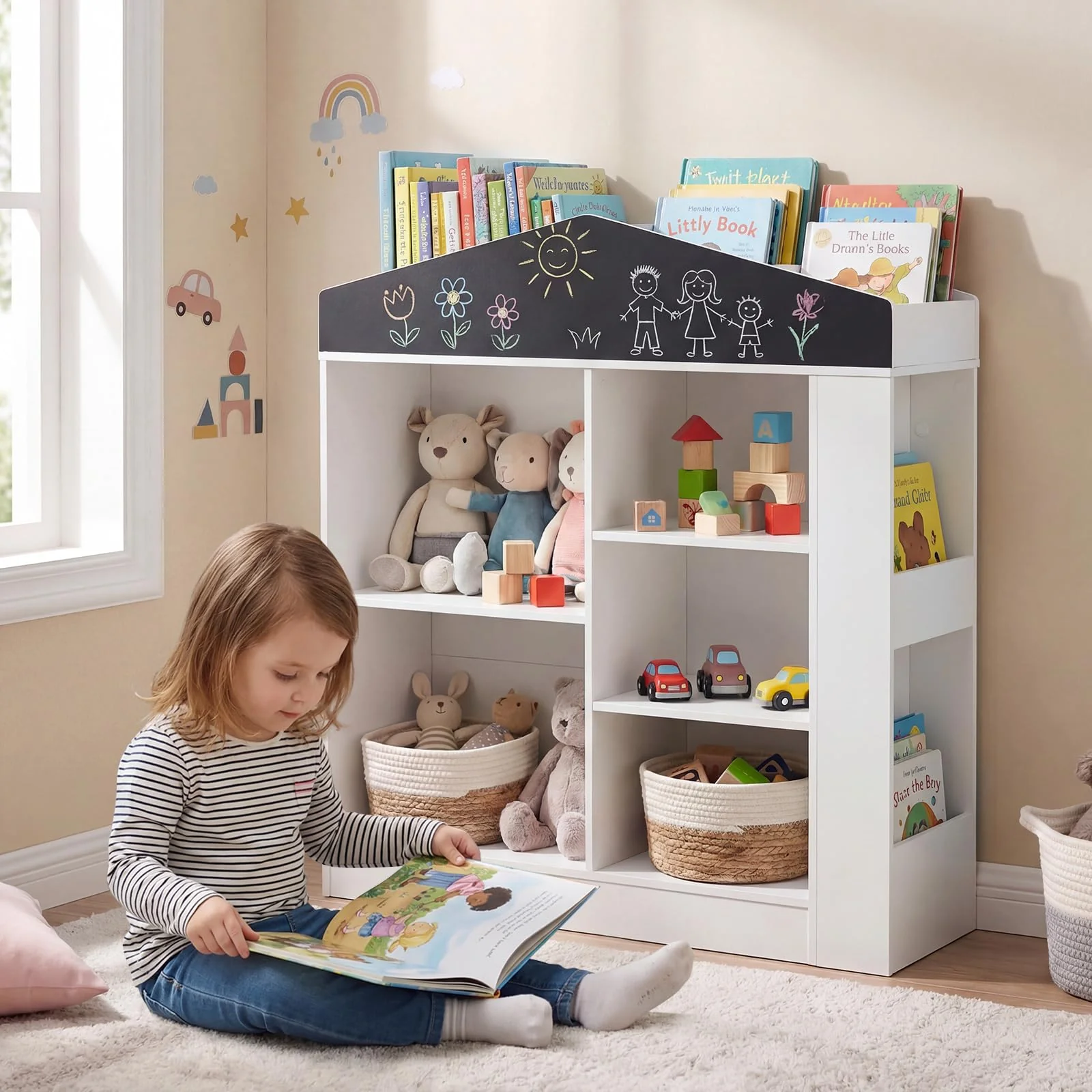 HONEY JOY Kids Toy Storage Box, House Shaped Toy Organiser Cabinet, w/Compartments & Chalkboard - Image 2