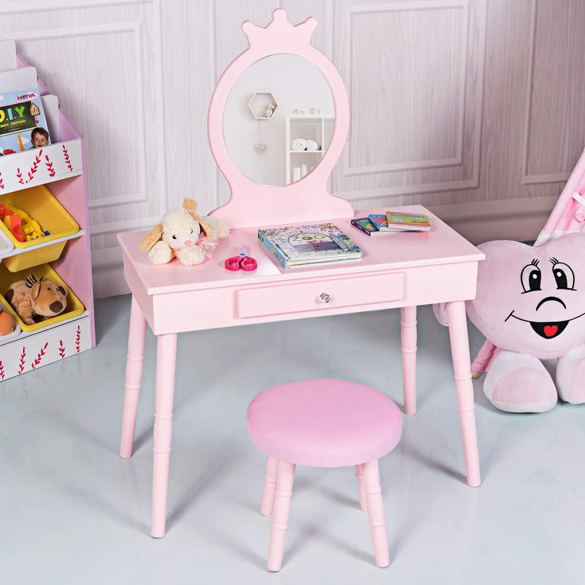 HONEY JOY Kids Vanity Set, Dressing Table for Children with Mirror and Stool, Princess Makeup Table - Image 10